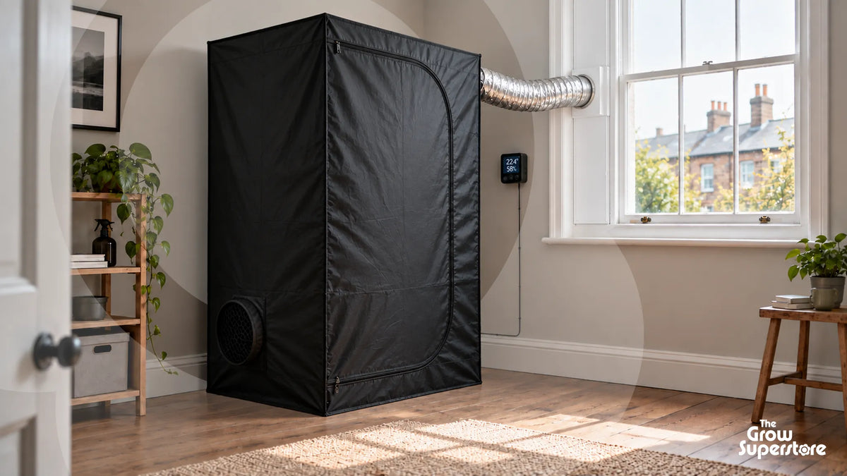 Closed black grow tent in a UK spare room with inward bow, silver duct to sash-window insert