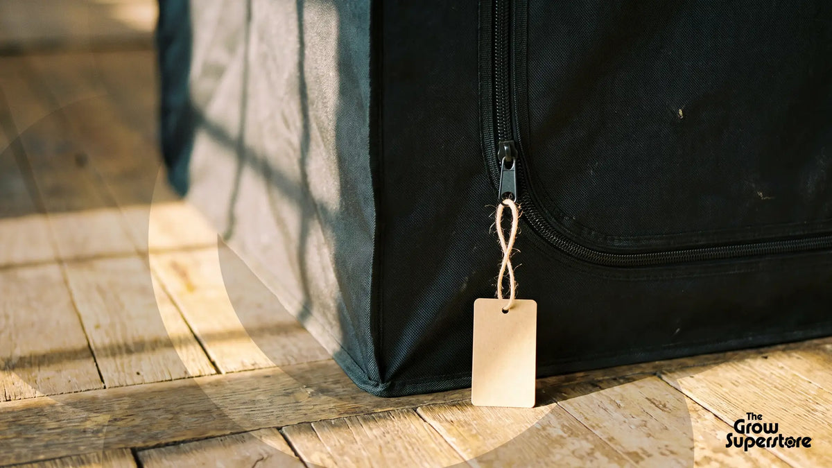 Black grow tent corner with zipped door and blank kraft tag on twine, on sunlit wooden floorboards, grow room setup