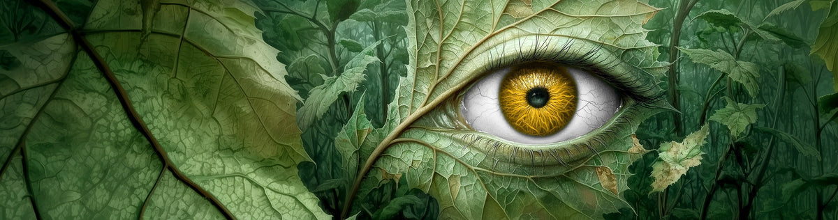 Surreal image of a forest where a large human-like eye is seamlessly integrated into the textures of green leaves, symbolizing plant awareness and observation.