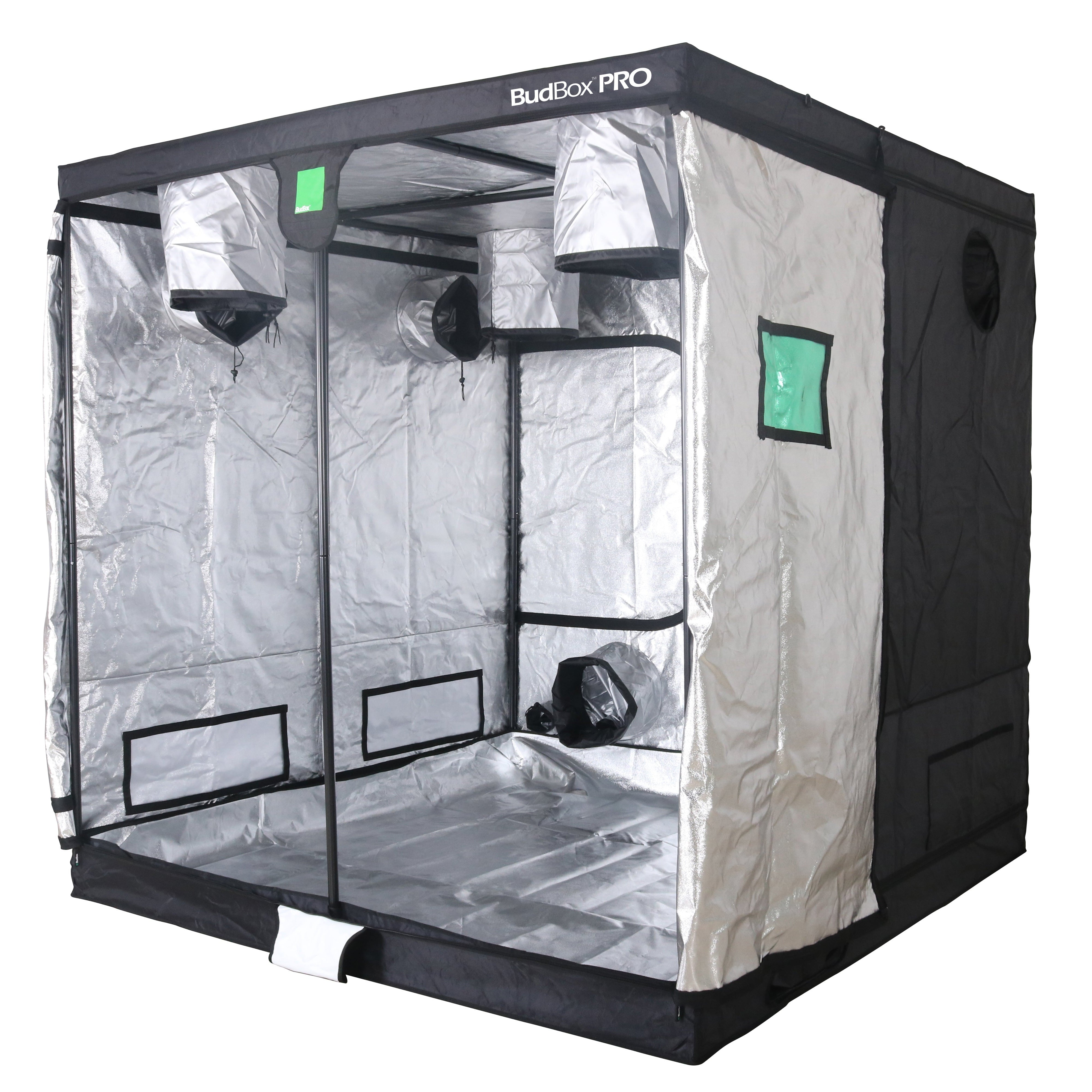 Black and gray grow tent with 'BudBox Pro' branding on a white background