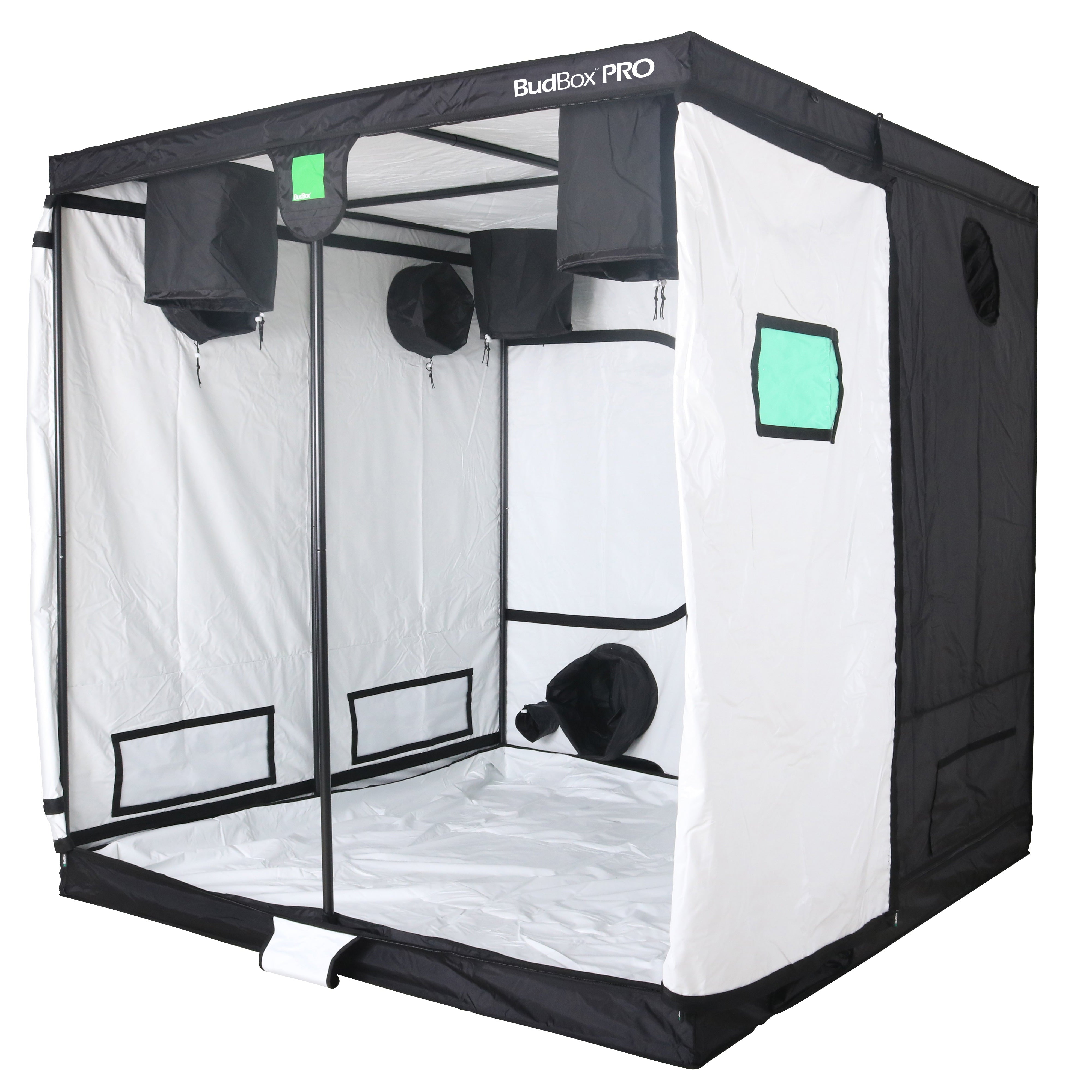 Black and white grow tent with ventilation ports on a white background