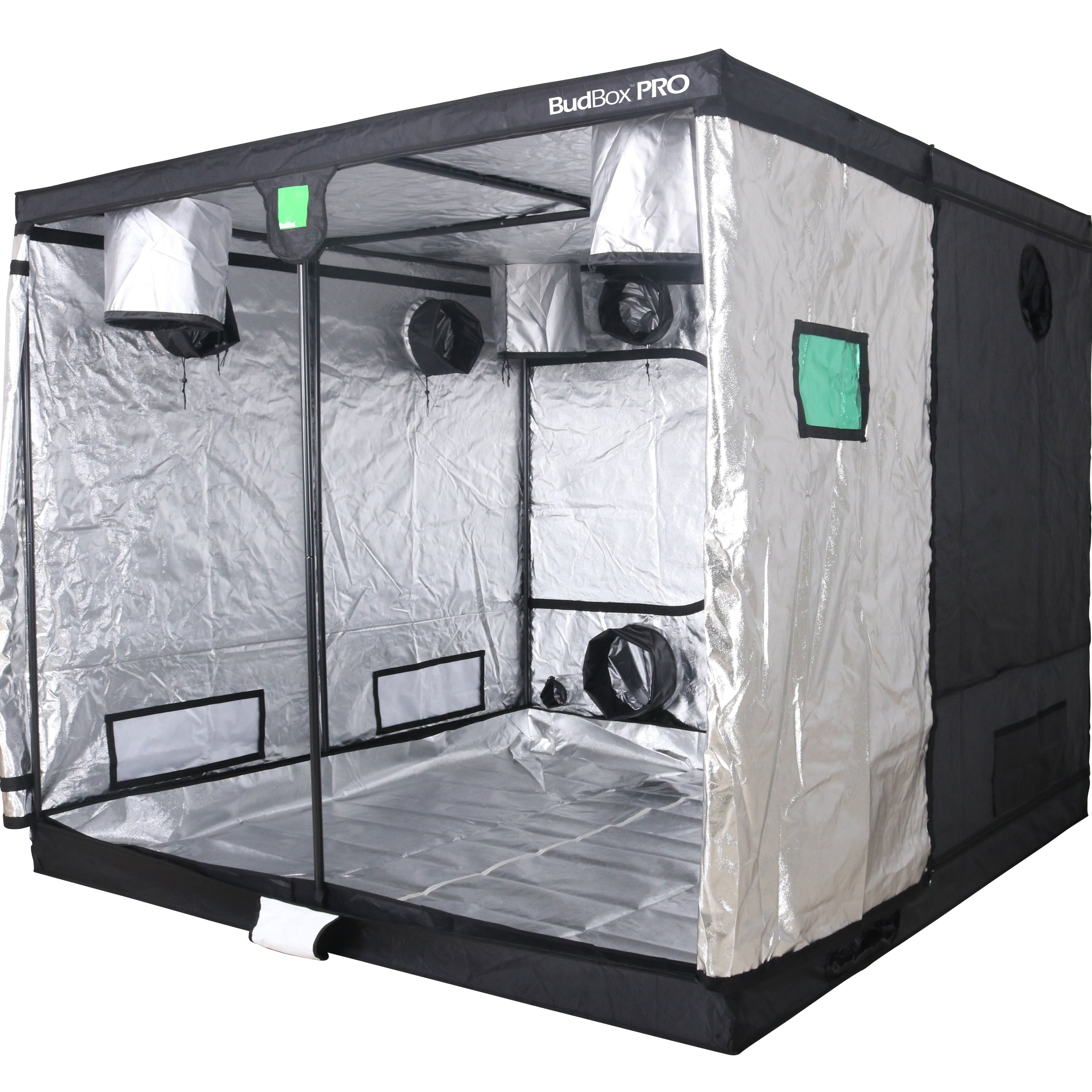 Black and gray grow tent with interior lights and controls on a white background