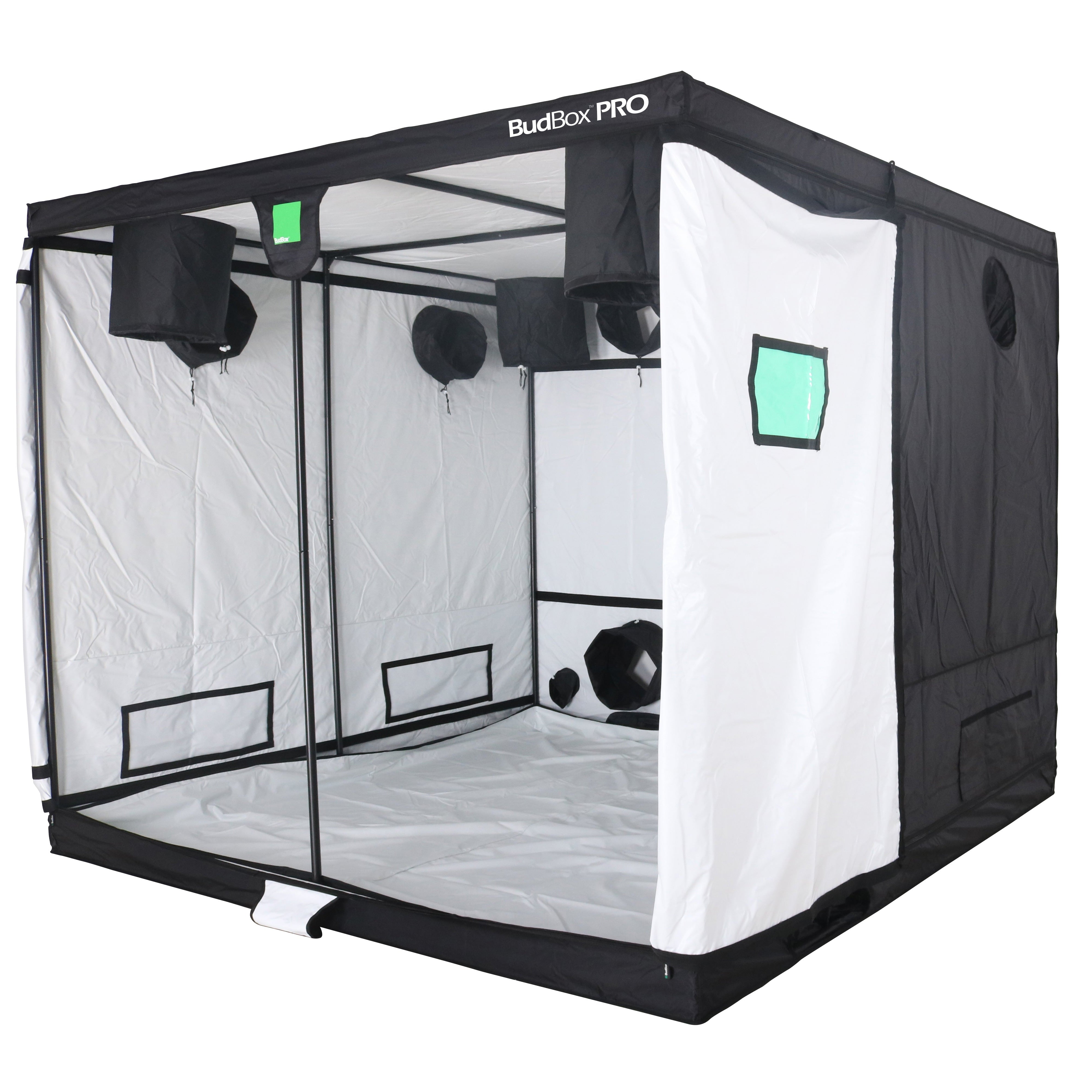 Black and white grow tent with mesh sides on a white background
