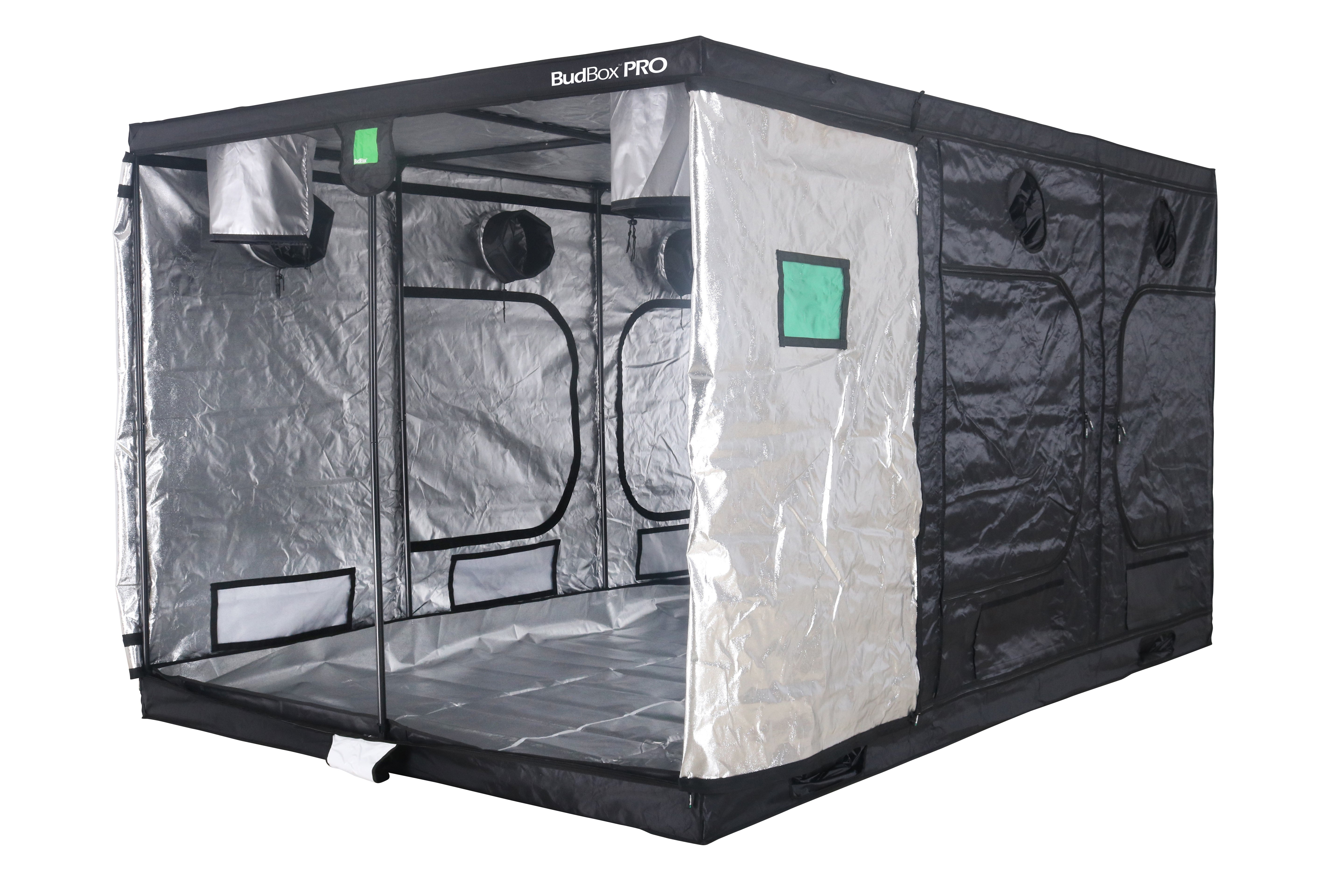 Black and gray grow tent with transparent side panels on a white background
