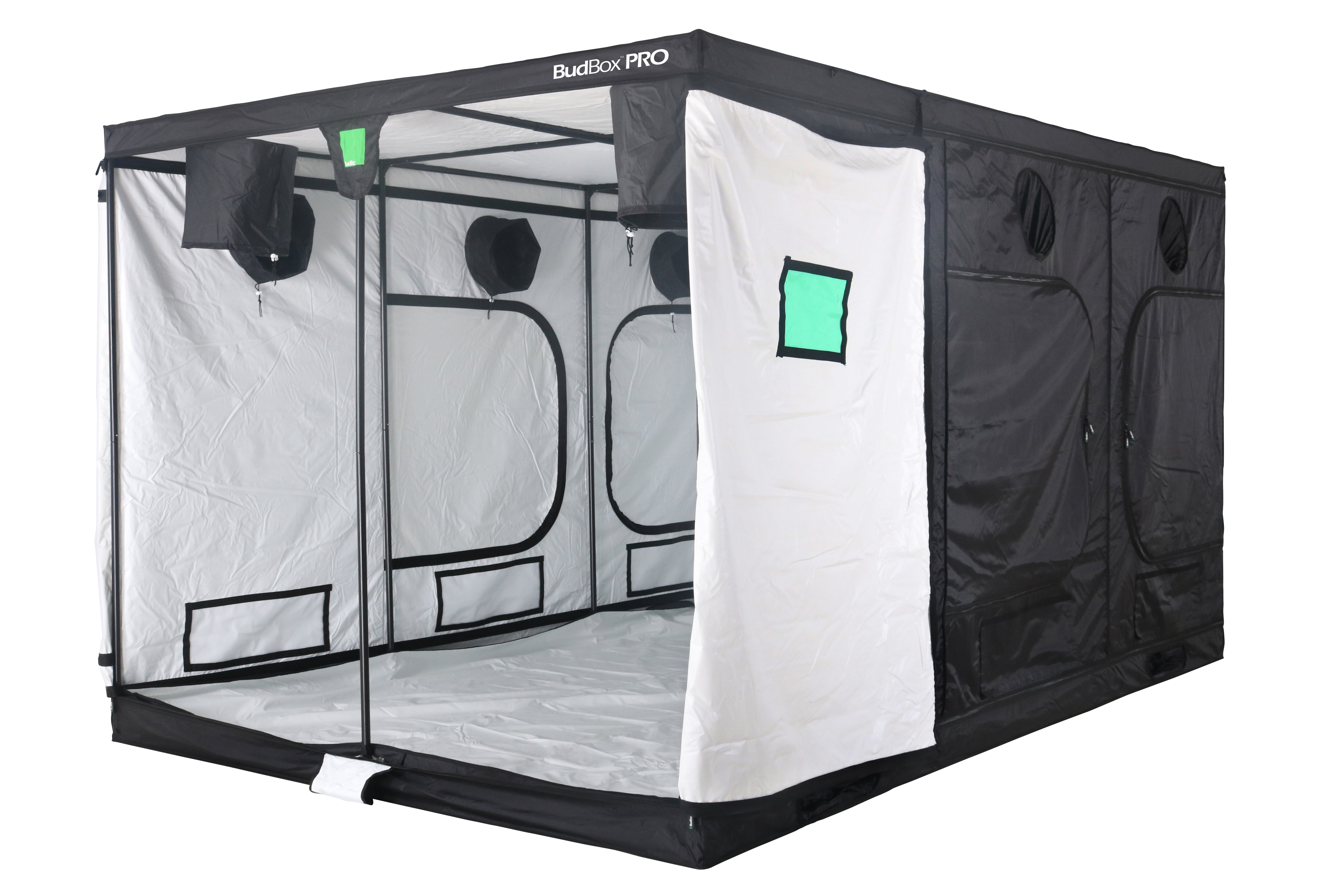 Black and white grow tent with mesh sides on a white background