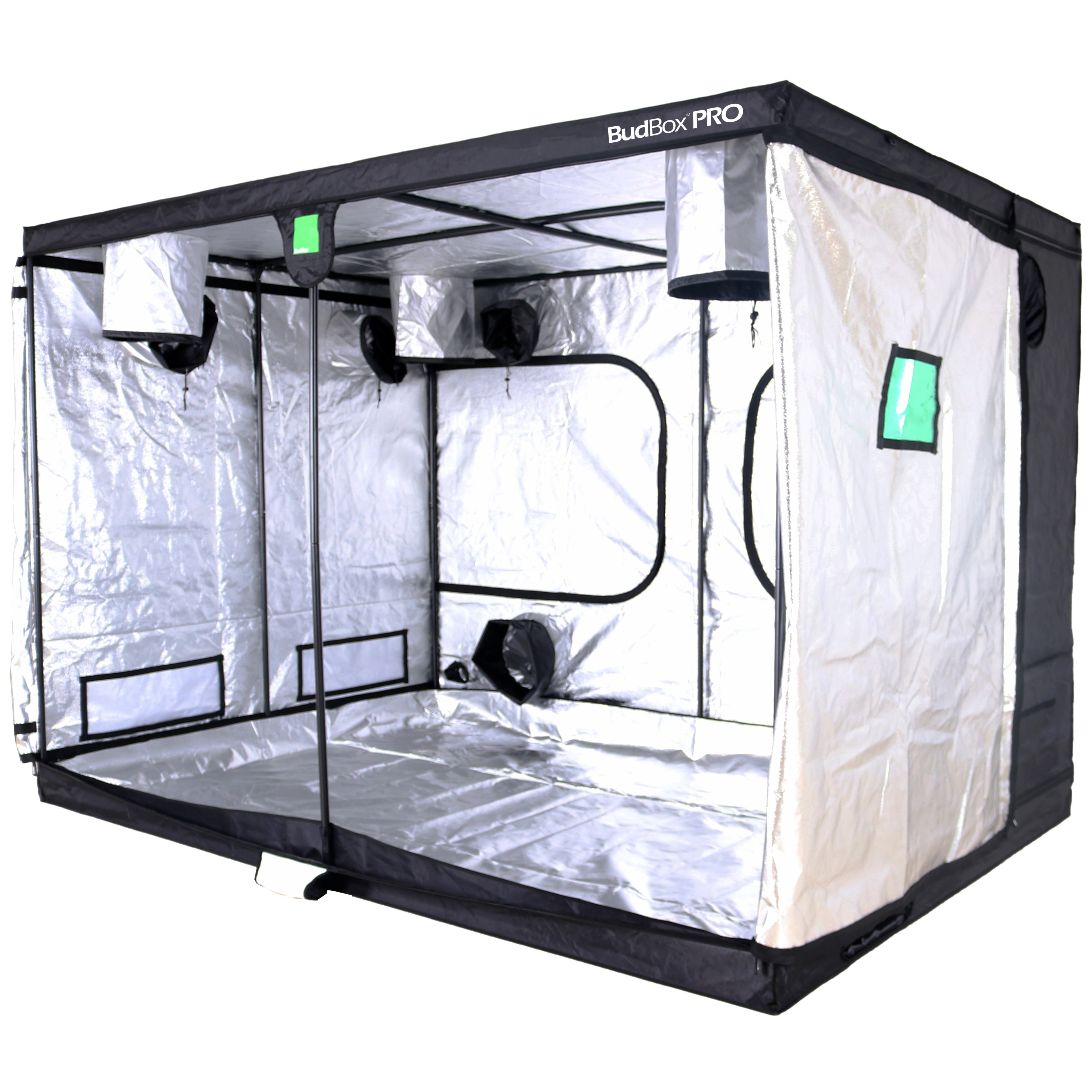 Black and white grow tent with 'BudBox Pro' branding on a white background