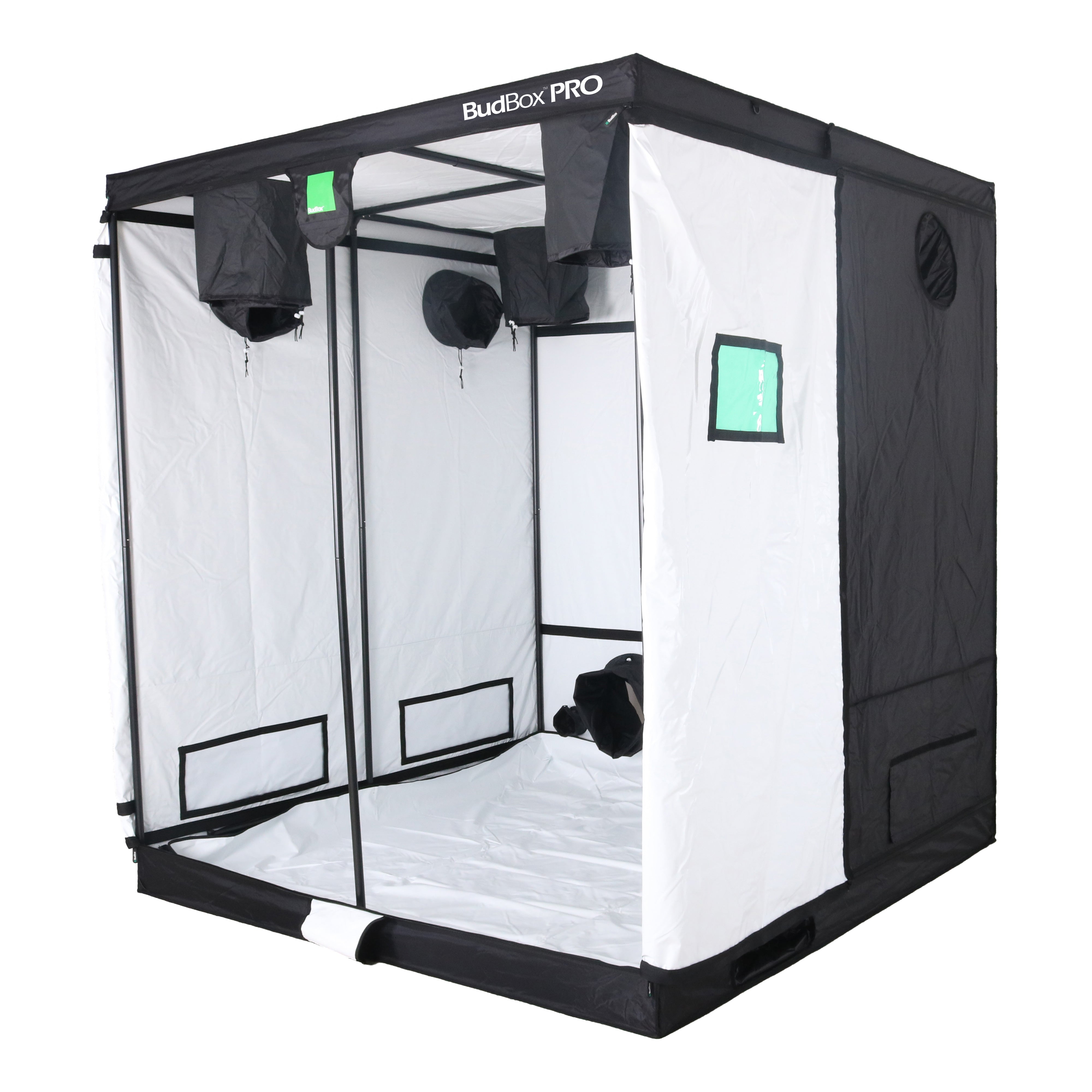 BudBox Pro grow tent with black frame and white interior on a white background