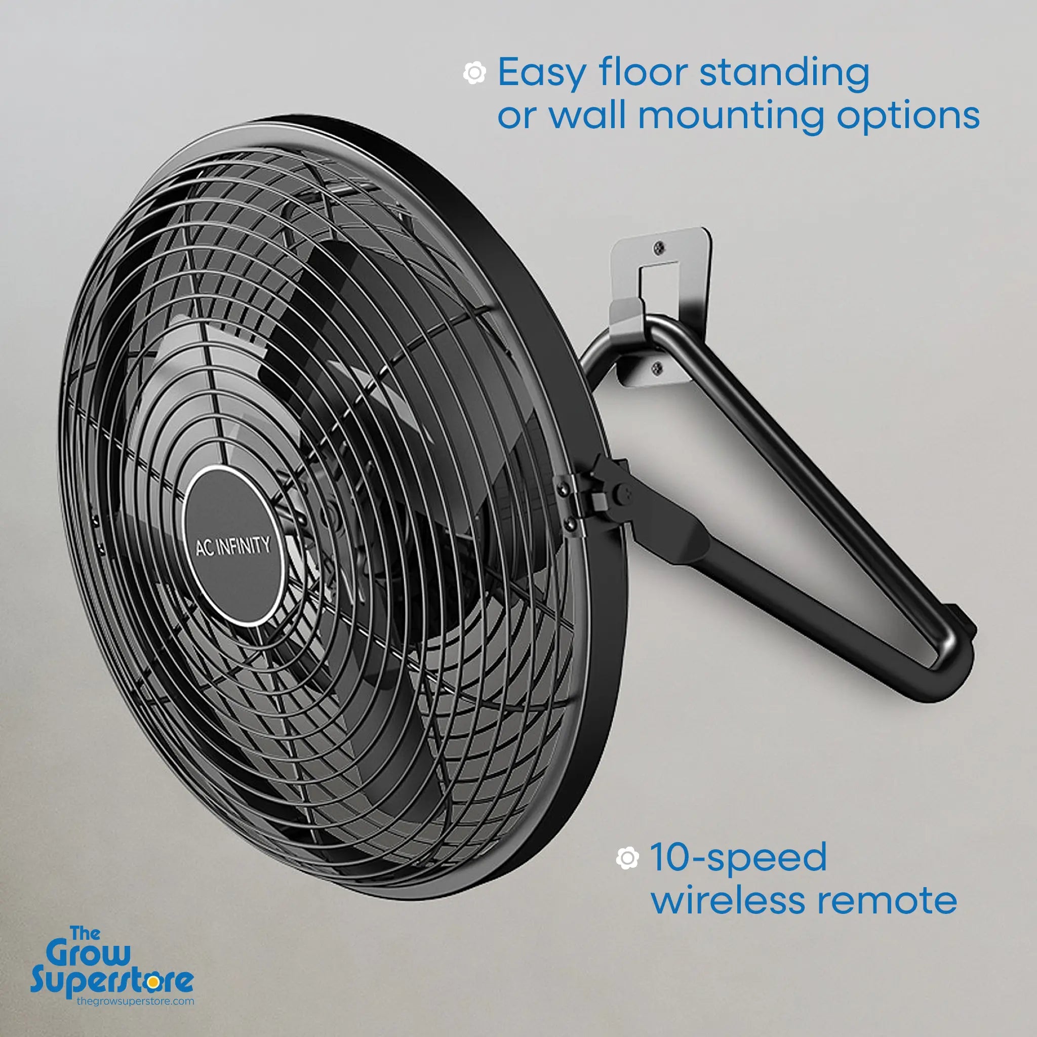 AC Infinity Cloudlift S14 wall-mounted fan setup with easy floor or wall mounting options and wireless remote – thegrowsuperstore.com