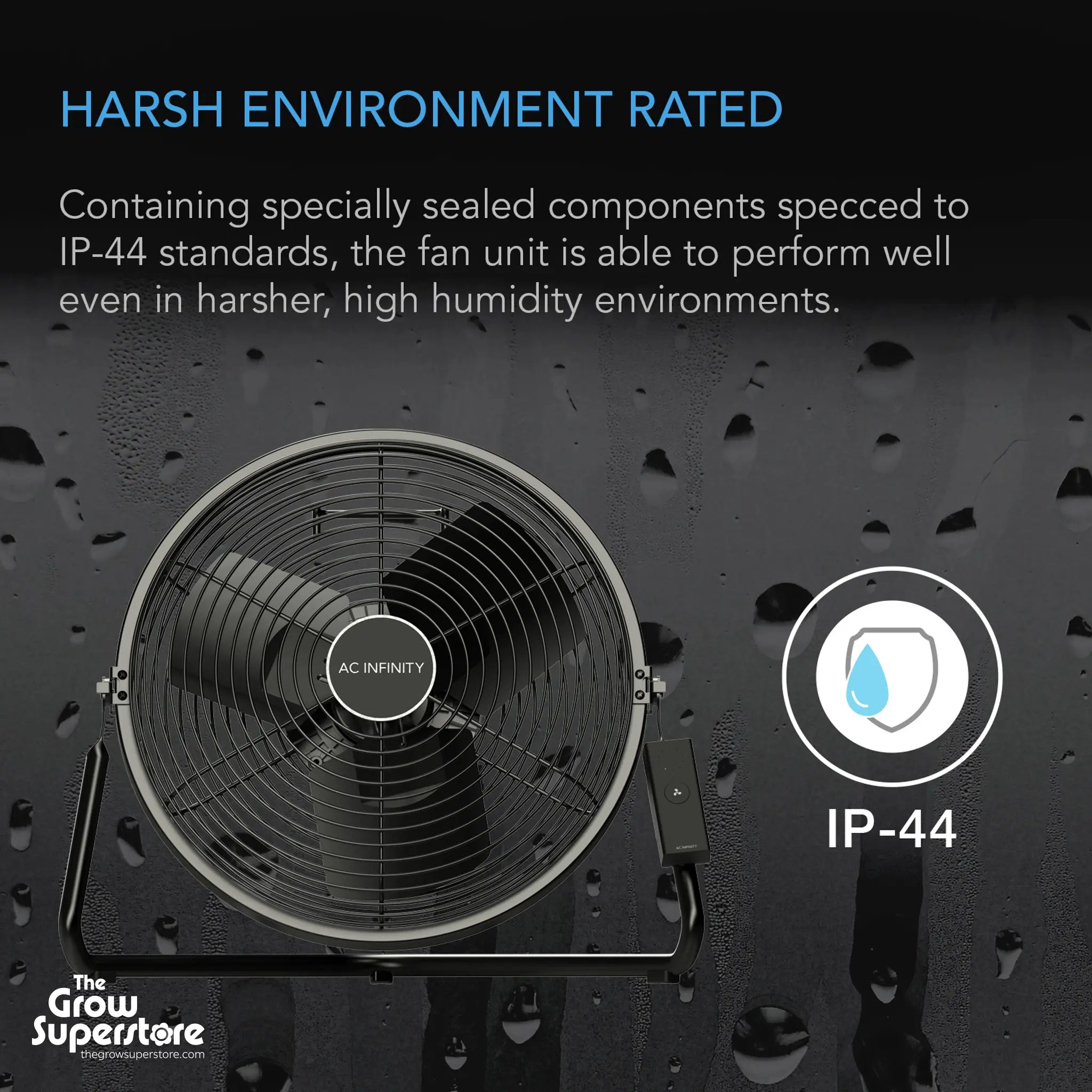 Cloudlift S14 fan highlighting its harsh environment IP-44 rating and water resistance – thegrowsuperstore.com