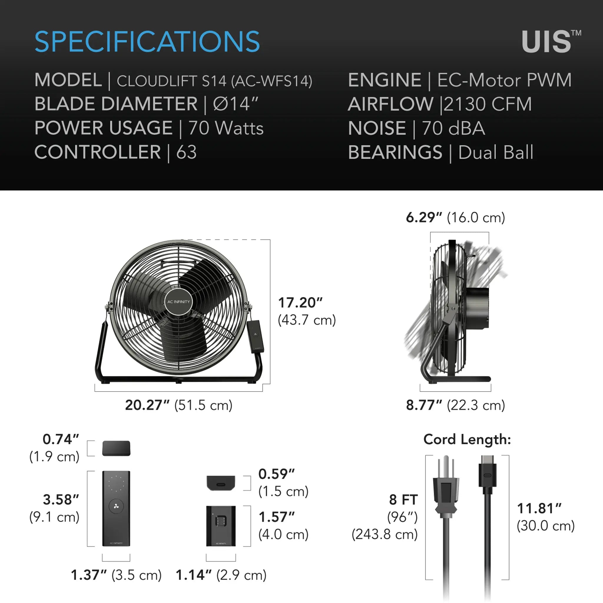 Detailed size and technical specifications diagram for the AC Infinity Cloudlift S14 fan – thegrowsuperstore.com