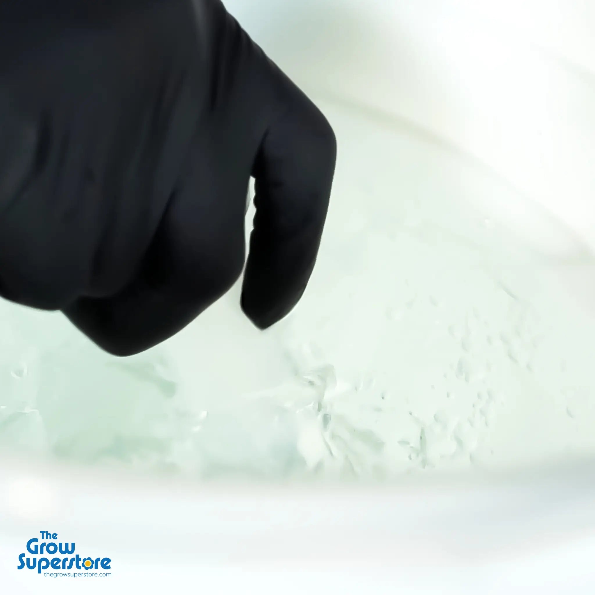 Gloved hand mixing or testing nutrient solution in a transparent container – thegrowsuperstore.com