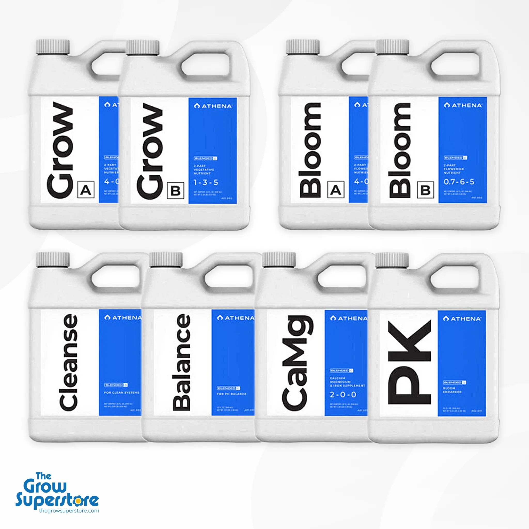 Athena Blended Line Starter Kit 32 oz bottles: Grow A, Grow B, Bloom A, Bloom B, CaMg, PK, Balance, Cleanse – thegrowsuperstore.com