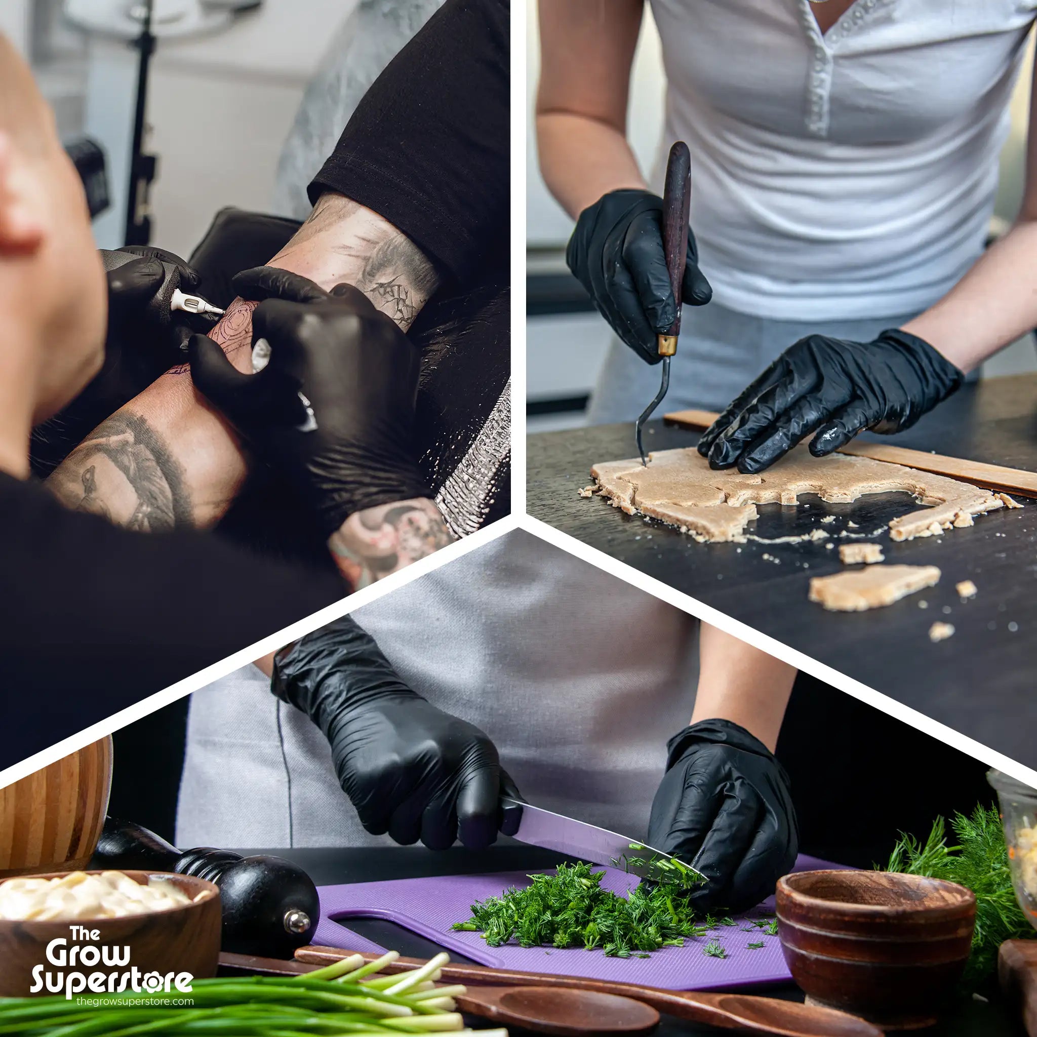 Collage of black nitrile glove use in tattooing, crafting, and food preparation.
