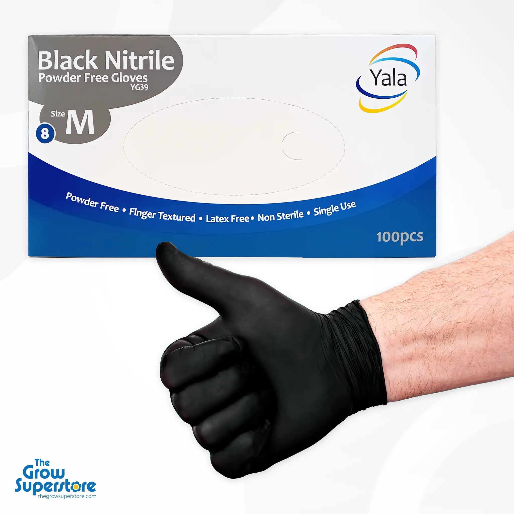 Gloved hand giving a thumbs up in front of a box of Size M black nitrile gloves. Product details visible on the packaging.