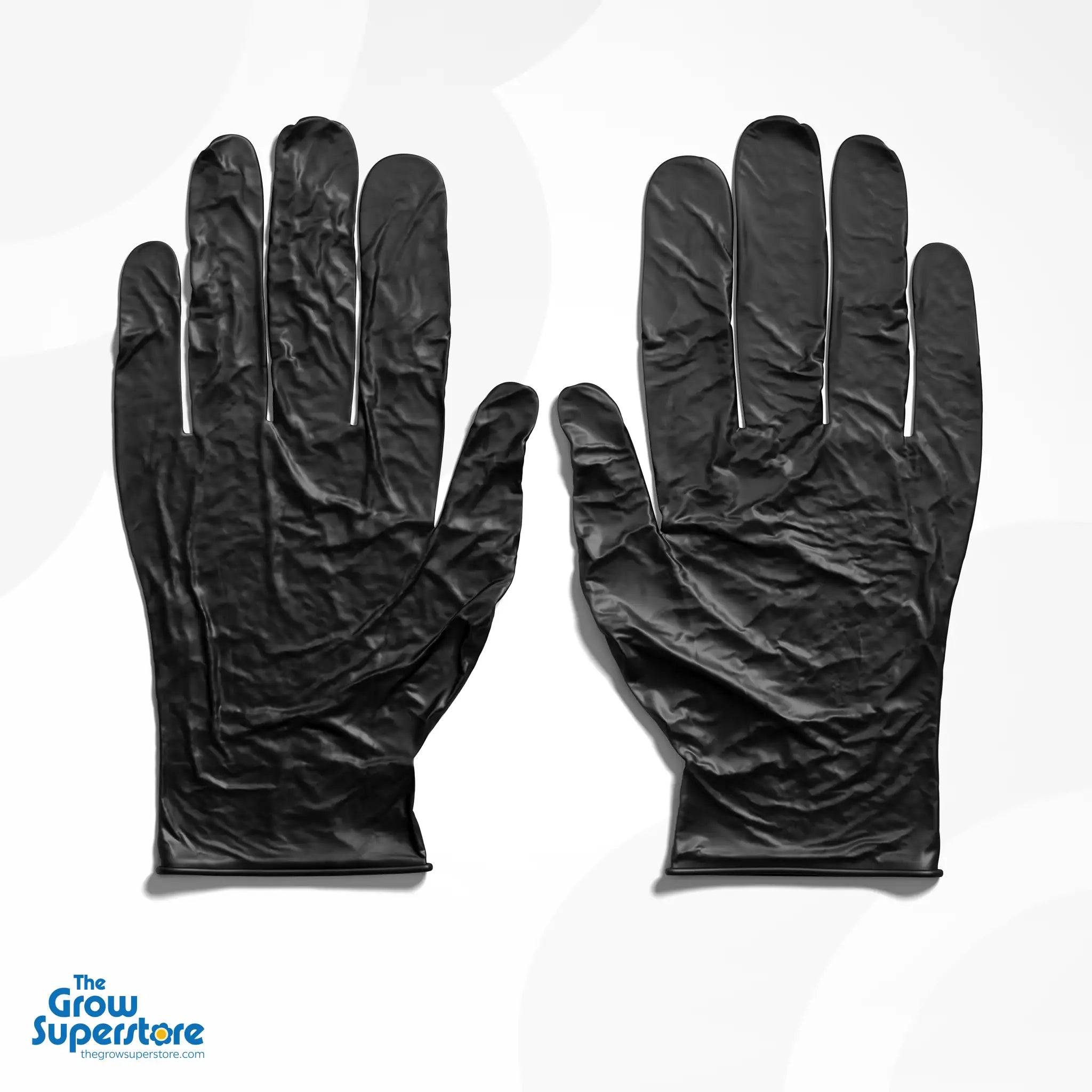 Pair of black nitrile gloves laid flat on a white surface. Textured finish clearly visible.