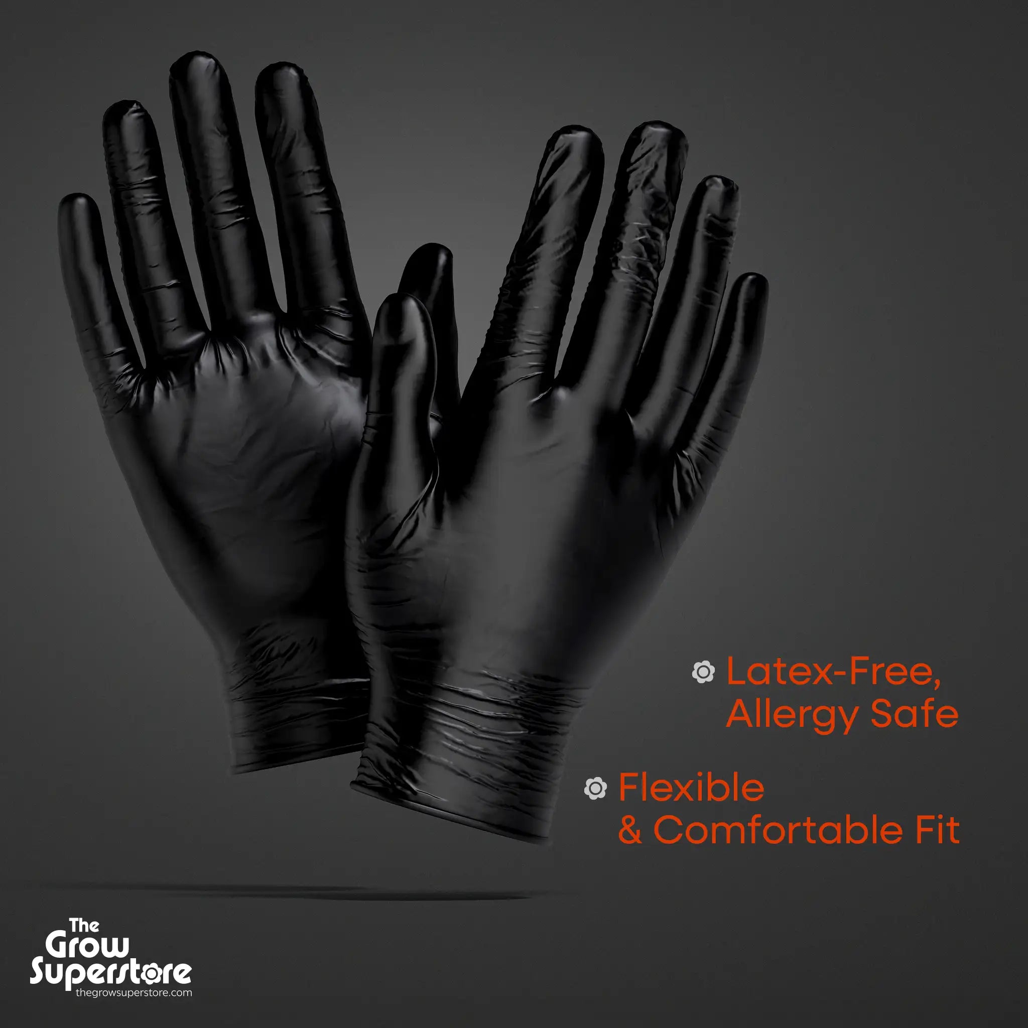 Floating black nitrile gloves on a dark grey background. Text overlay: "Latex-Free, Allergy Safe" and "Flexible & Comfortable Fit".