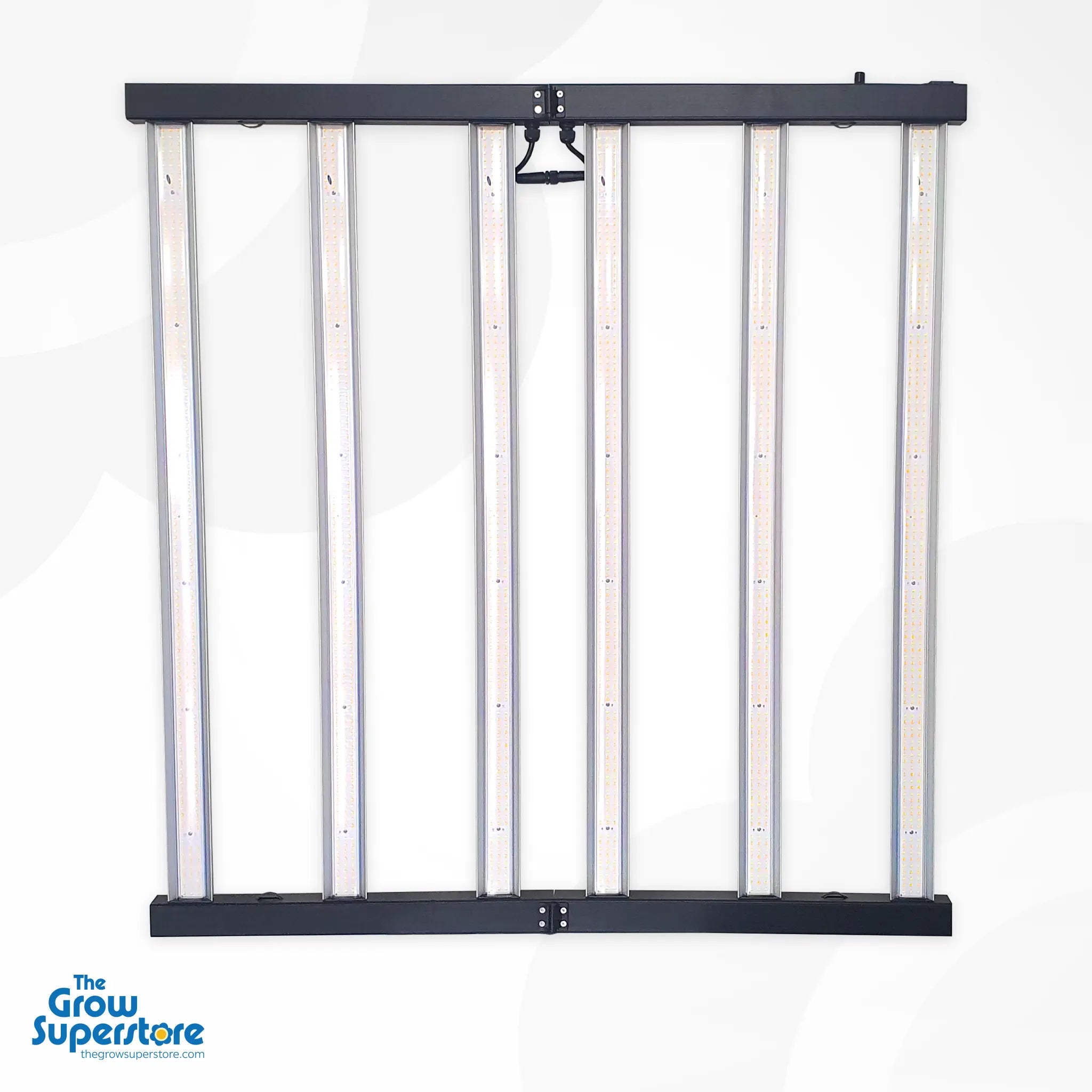 Top-down view of the BRIGHT 720W LED grow light, fully expanded to show its six powerful light bars – thegrowsuperstore.com