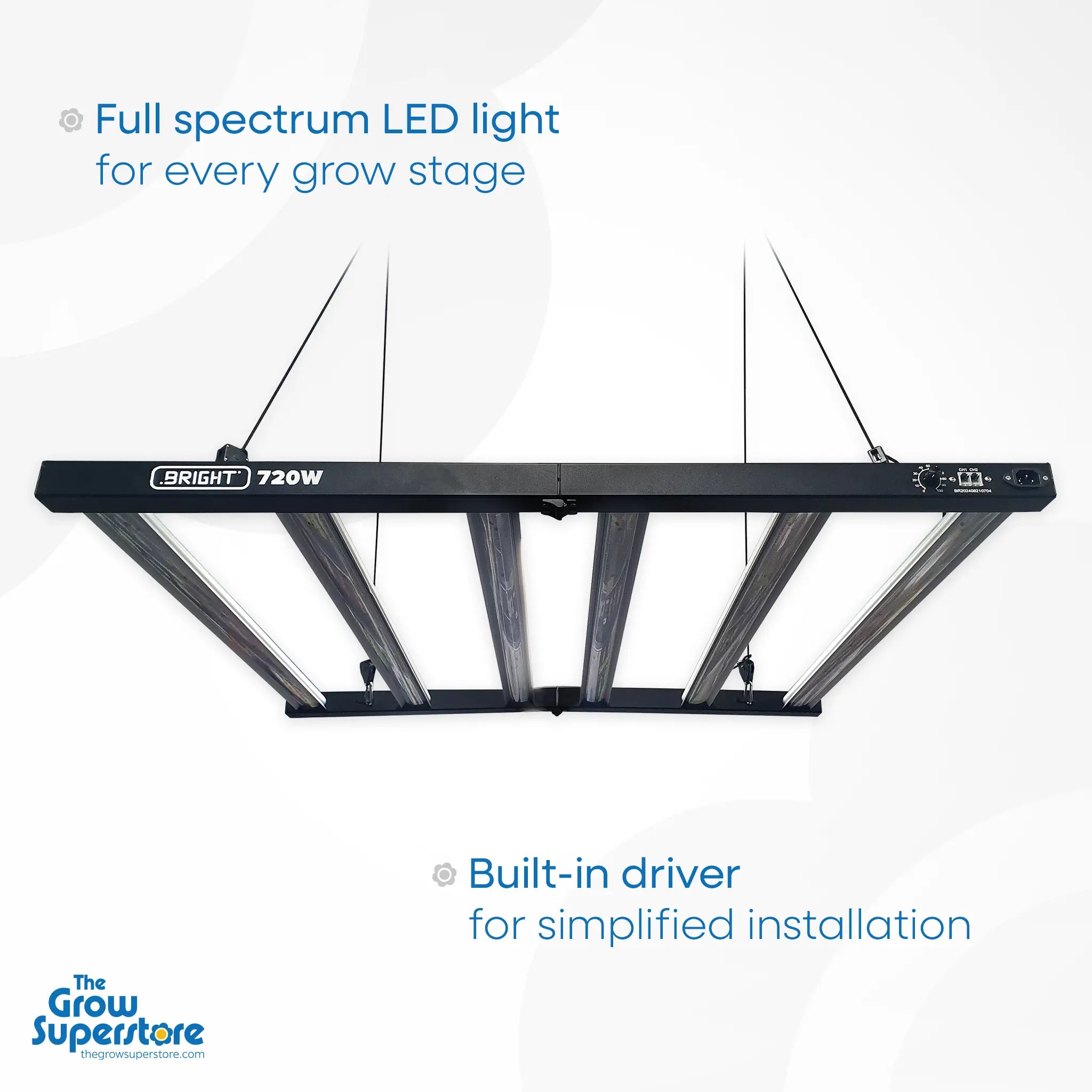 The BRIGHT 720W LED grow light hanging as installed, showcasing its full spectrum, 6-bar design with a built-in driver – thegrowsuperstore.com
