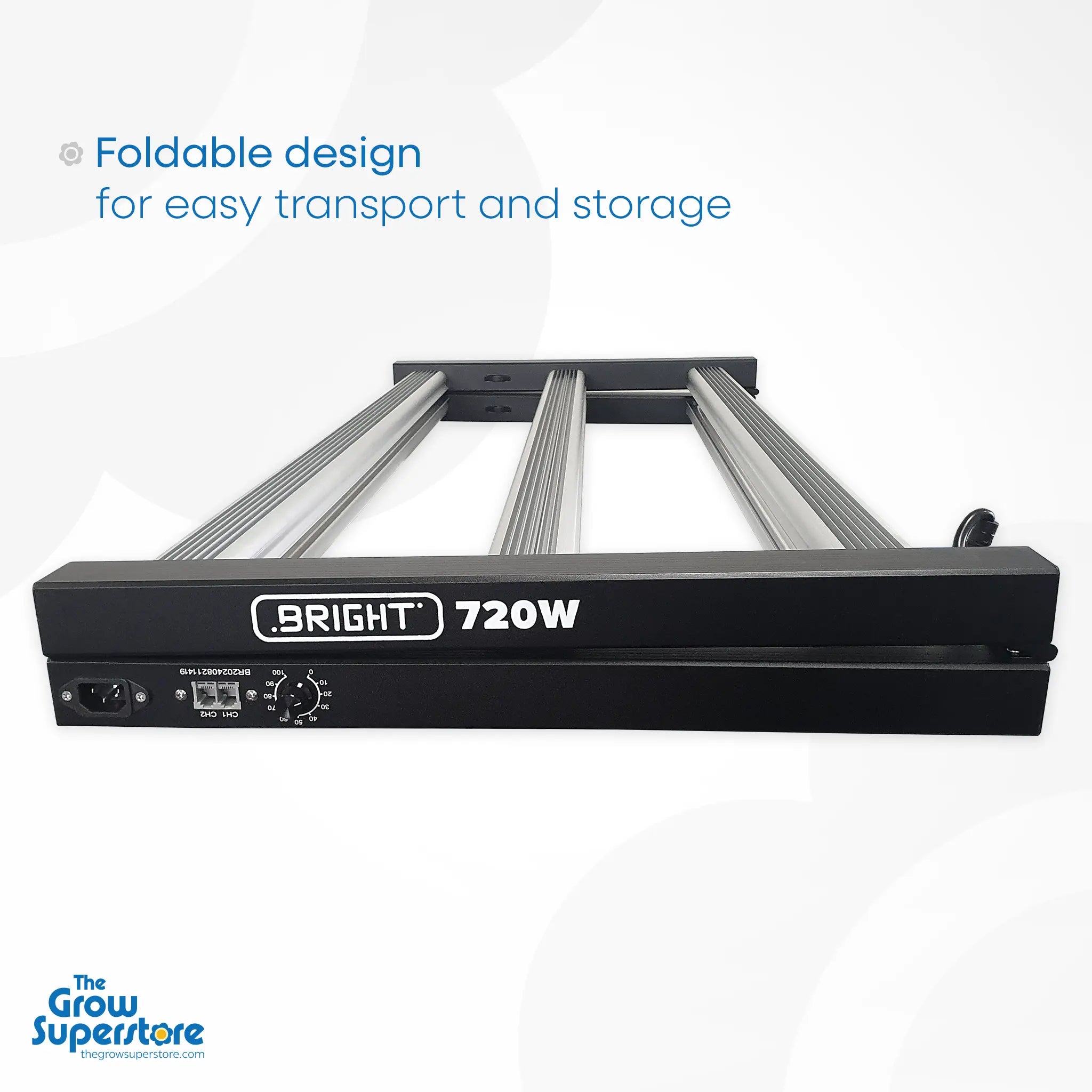 The BRIGHT 720W LED grow light folded completely flat to demonstrate its compact size for storage and transport – thegrowsuperstore.com