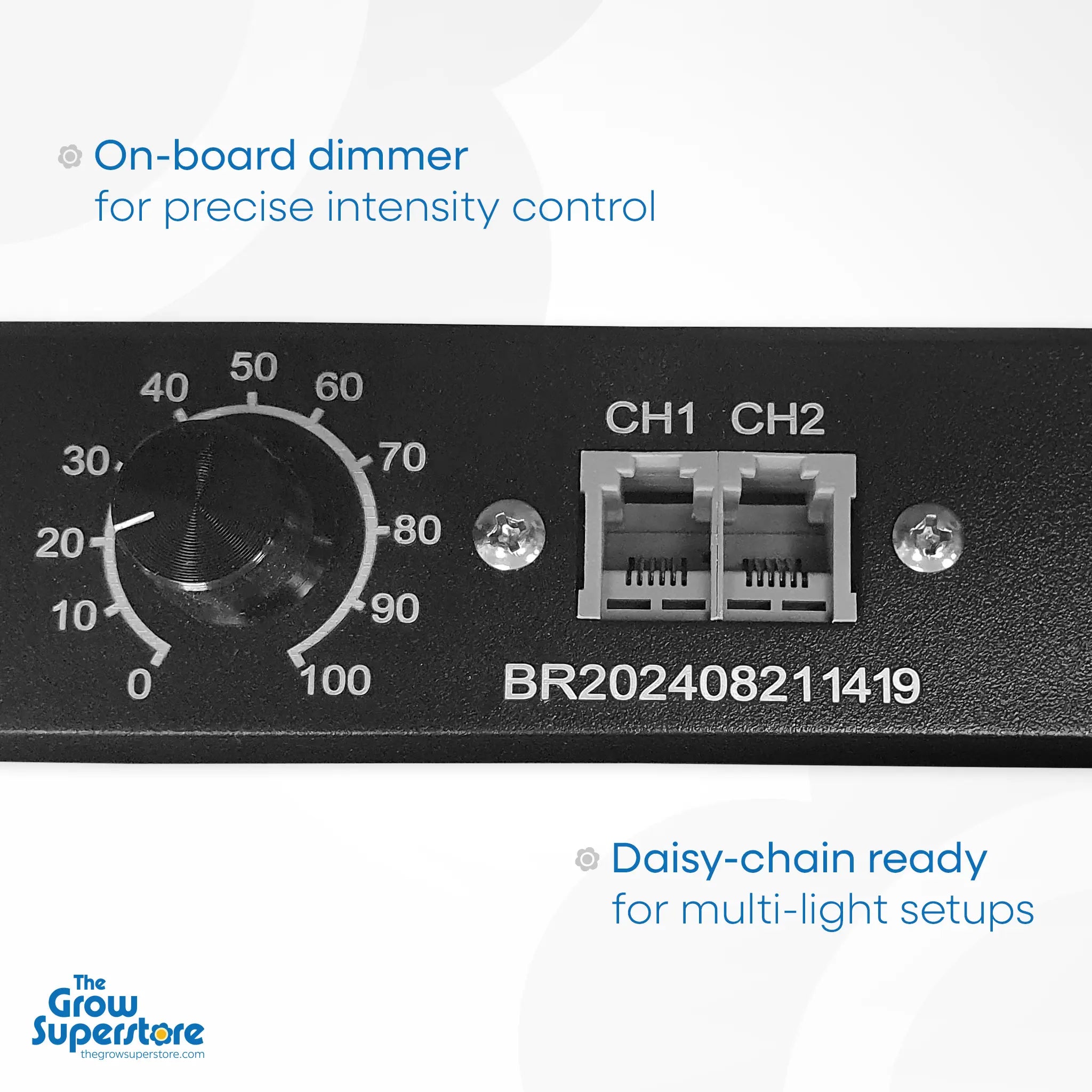 Close-up of the control panel on the BRIGHT 720W LED, showing the 0-100% dimmer dial and daisy-chain ports – thegrowsuperstore.com