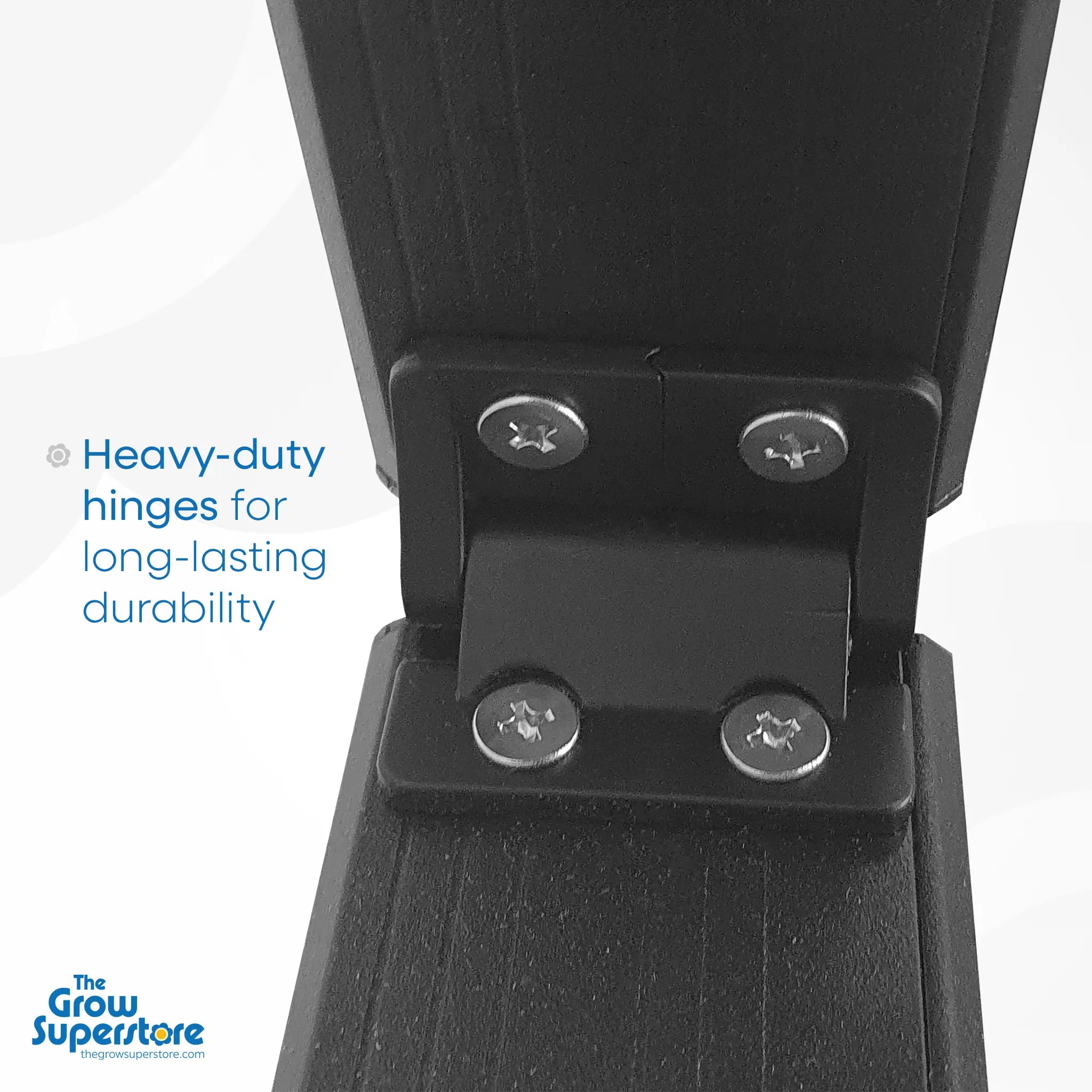 A close-up image of the heavy-duty metal hinge on the BRIGHT 720W LED grow light, highlighting its robust construction and durability – thegrowsuperstore.com
