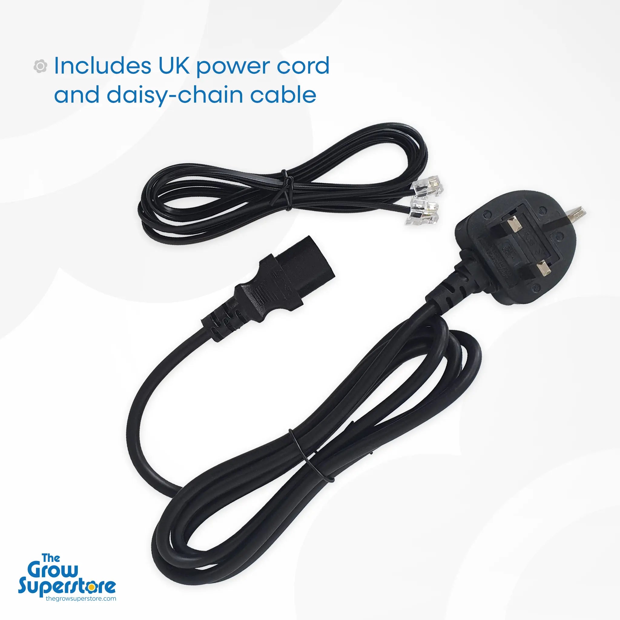 The included UK mains power cord and RJ daisy-chain cable for the BRIGHT 720W LED grow light – thegrowsuperstore.com