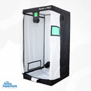 Front view of the BudBox PRO L200 grow tent in white lining, opened to reveal interior with hanging bar, night‑vision viewing window, and floor tray – thegrowsuperstore.com