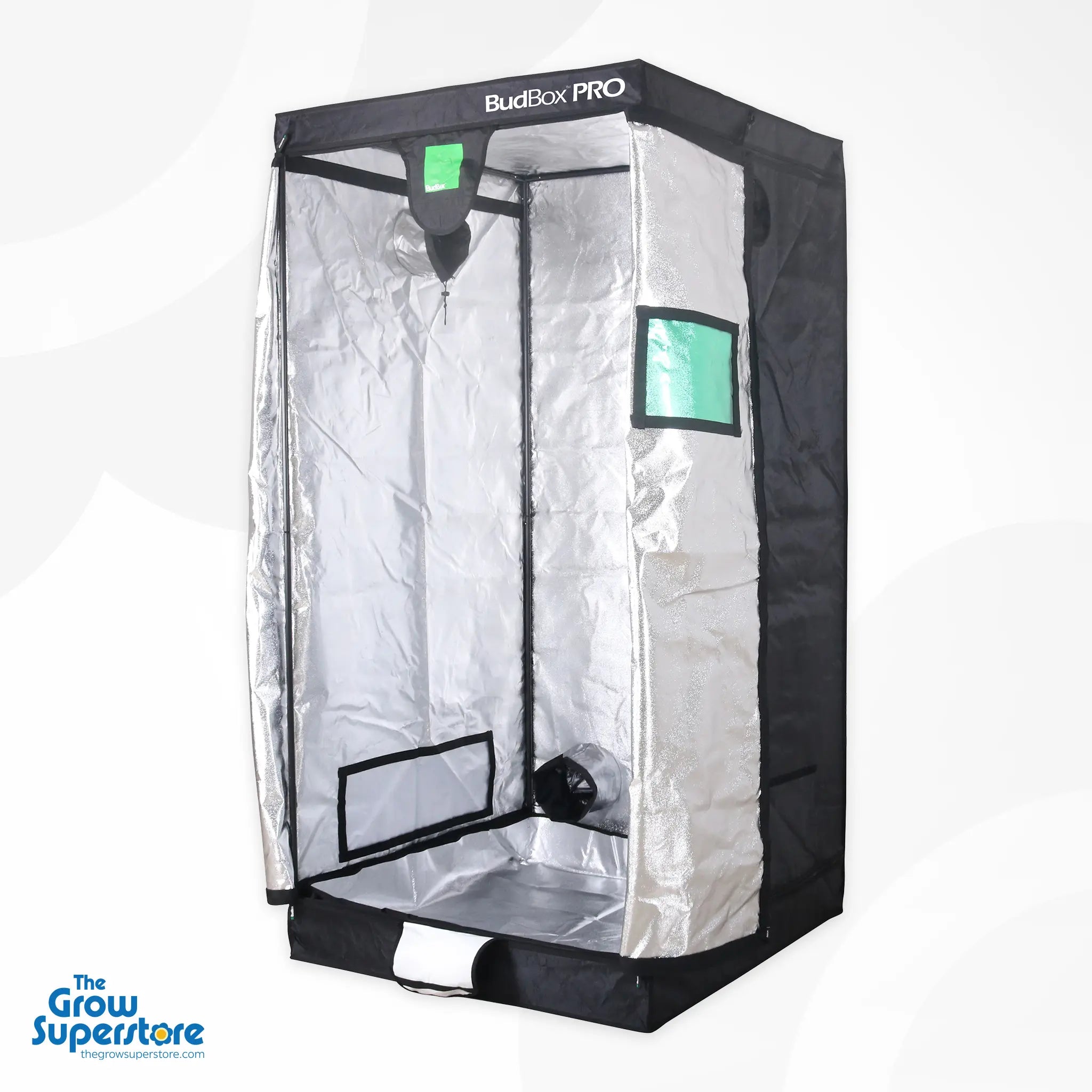 Front view of the BudBox PRO L200 grow tent in silver reflective Mylar lining, interior visible with hanging bar and viewing window – thegrowsuperstore.com