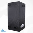 Side‑rear exterior of BudBox PRO L200 grow tent, black canvas with ventilation ports and zipped vents – thegrowsuperstore.com