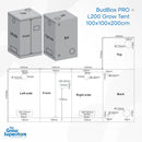 Technical diagram of BudBox PRO L200 grow tent showing all panel dimensions, ventilation port positions, and layout – thegrowsuperstore.com