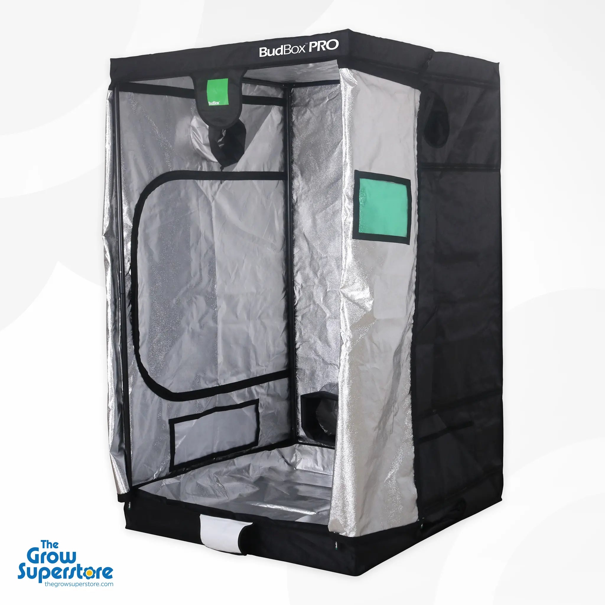 Open BudBox PRO XL grow tent with reflective mylar interior and visible duct ports – thegrowsuperstore.com