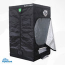 BudBox PRO XL grow tent angled view with side door half open displaying mylar lining and top duct ports – thegrowsuperstore.com