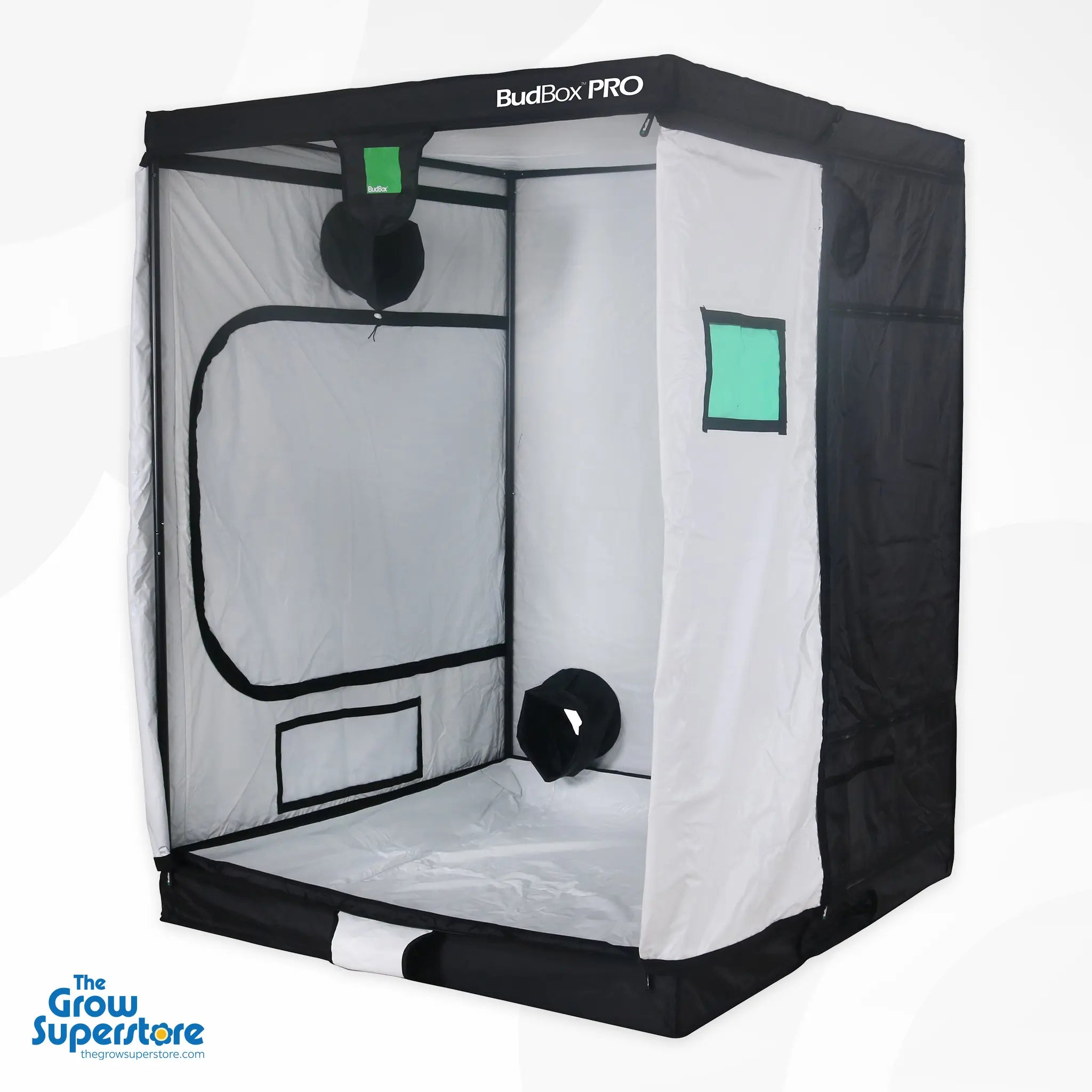 Open BudBox PRO XL Plus grow tent with white lining interior and visible ducting ports – thegrowsuperstore.com