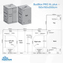 BudBox PRO XL Plus 150x150x200cm grow tent technical dimension diagram with layout – thegrowsuperstore.com