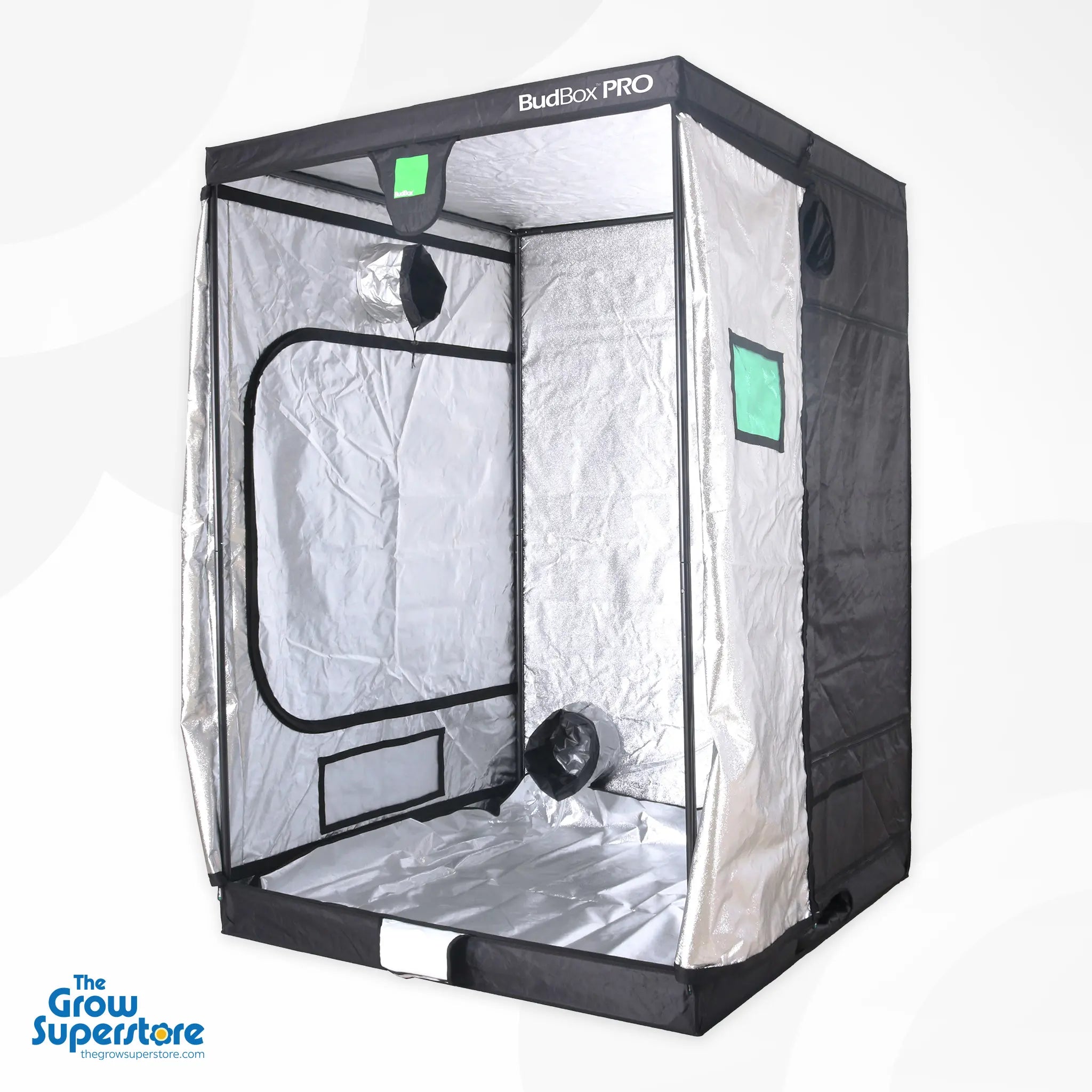 Open BudBox PRO XL plus‑HL grow tent with reflective mylar interior and visible ducting ports – thegrowsuperstore.com