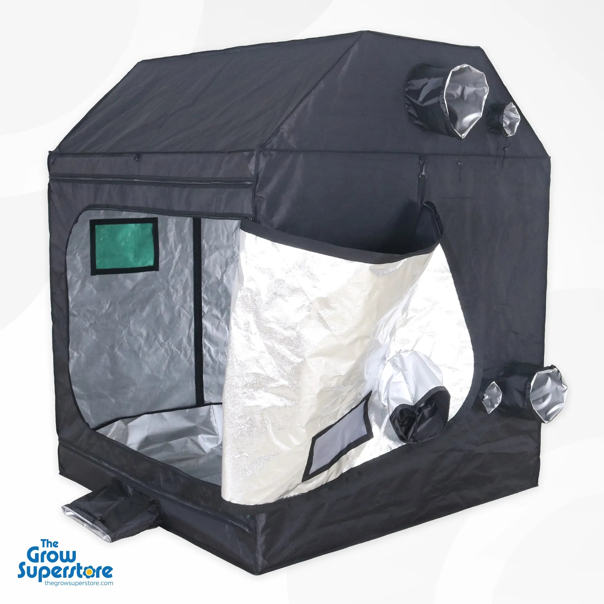 BudBox PRO XL plus‑R pitched grow tent side angle view with partially open door showing reflective interior and ventilation ports – thegrowsuperstore.com