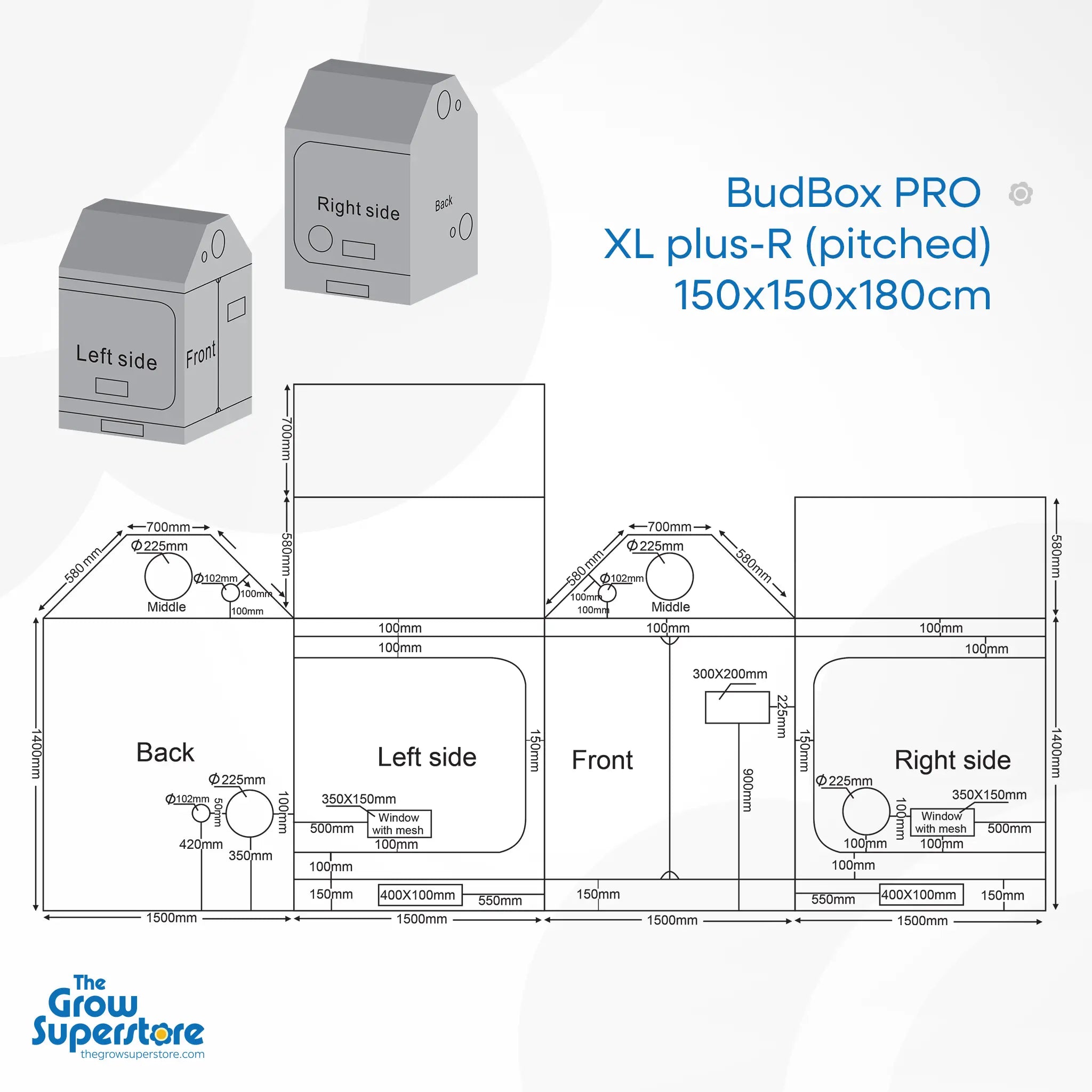BudBox PRO XL plus‑R pitched 150x150x180cm grow tent technical dimension diagram with detailed door and port layout – thegrowsuperstore.com