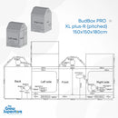 BudBox PRO XL plus‑R pitched 150x150x180cm grow tent technical dimension diagram with detailed door and port layout – thegrowsuperstore.com