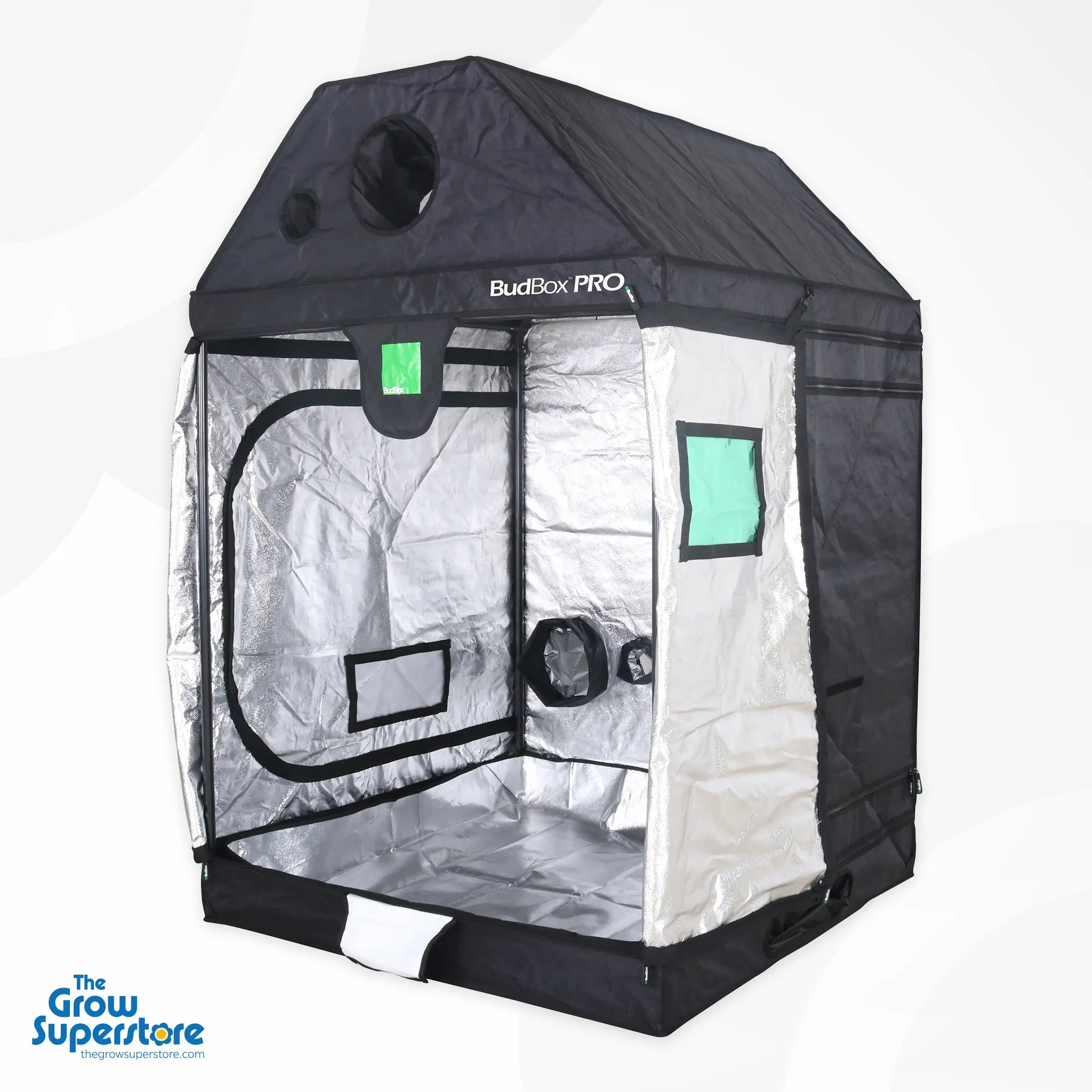 Angled front view of BudBox PRO XL‑R pitched grow tent with silver mylar interior, featuring large access doors and multiple ducting ports – thegrowsuperstore.com