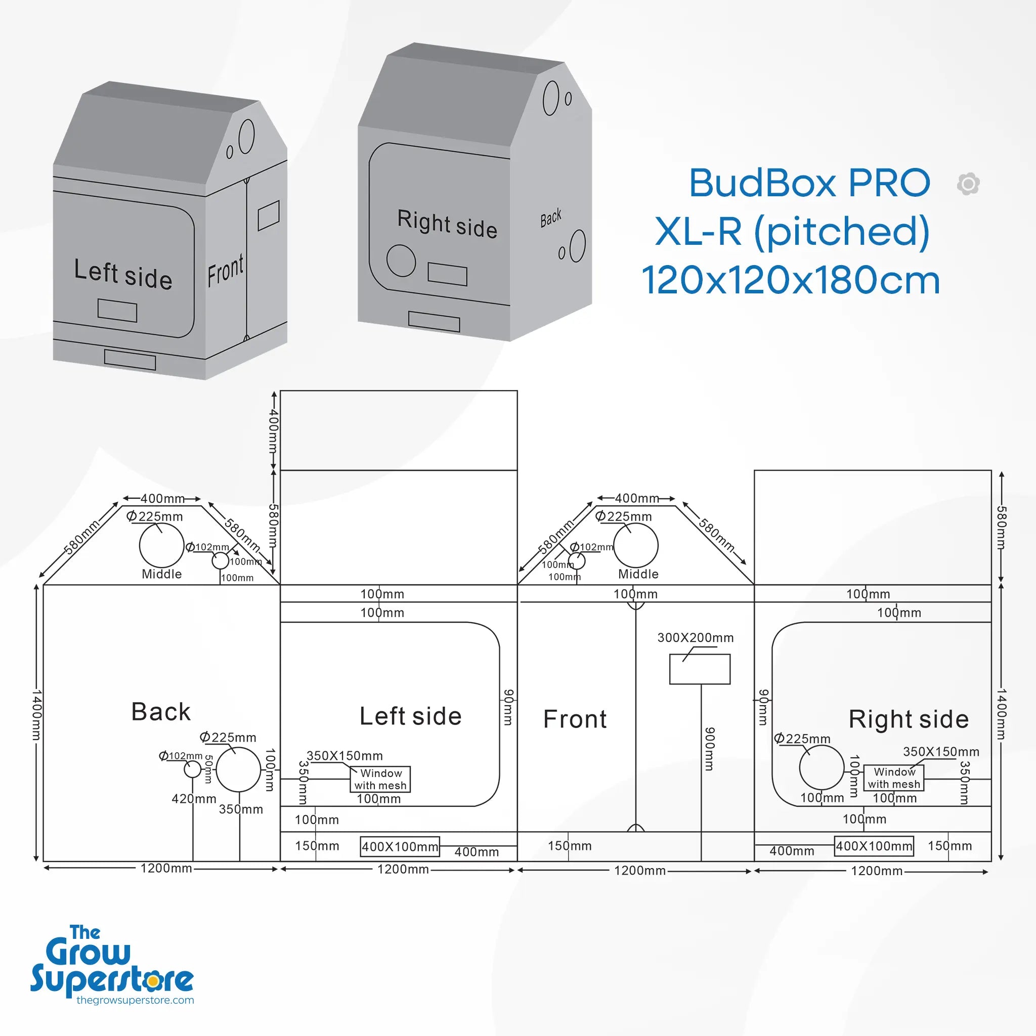Technical diagram of BudBox PRO XL‑R pitched 120×120×180 cm grow tent, detailing port sizes, window positions and tent layout – thegrowsuperstore.com