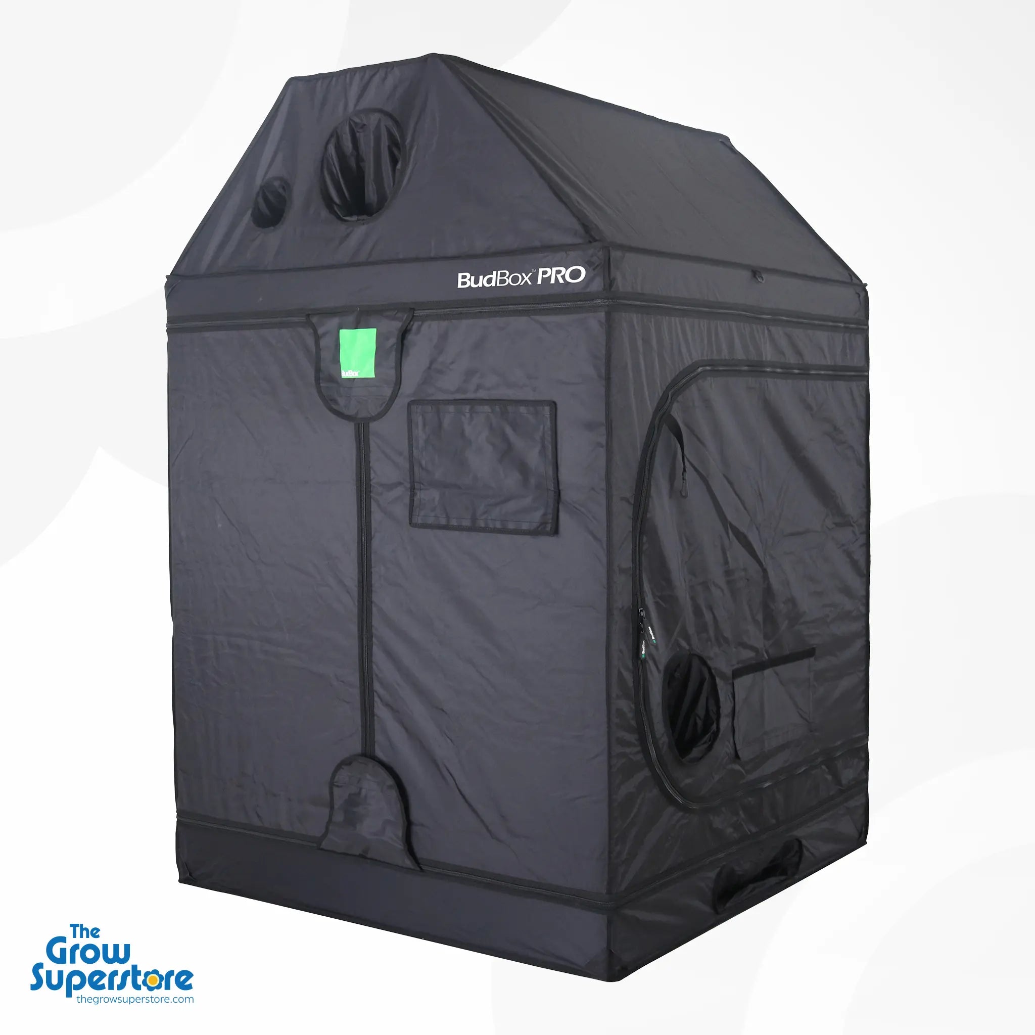 Rear‑side exterior view of BudBox PRO XL‑R pitched grow tent in black canvas, displaying multiple ducting and ventilation ports – thegrowsuperstore.com