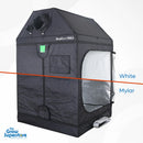 Angled rear‑side view of pitched BudBox PRO XL‑R grow tent with black exterior and visible mylar-lined duct ports – thegrowsuperstore.com