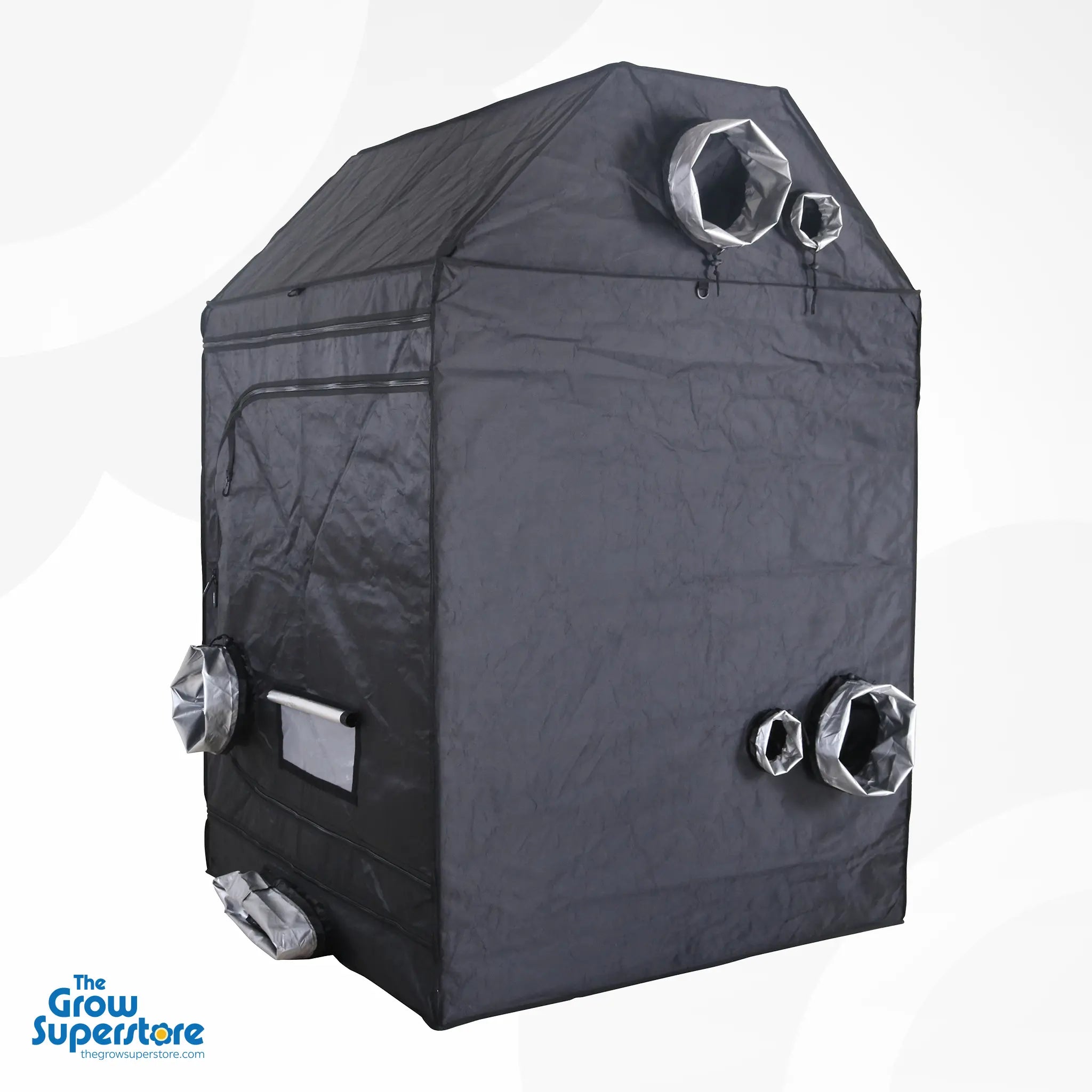 Rear view of BudBox PRO XL‑R pitched tent showing raised top ventilation ports and exterior ducting openings – thegrowsuperstore.com