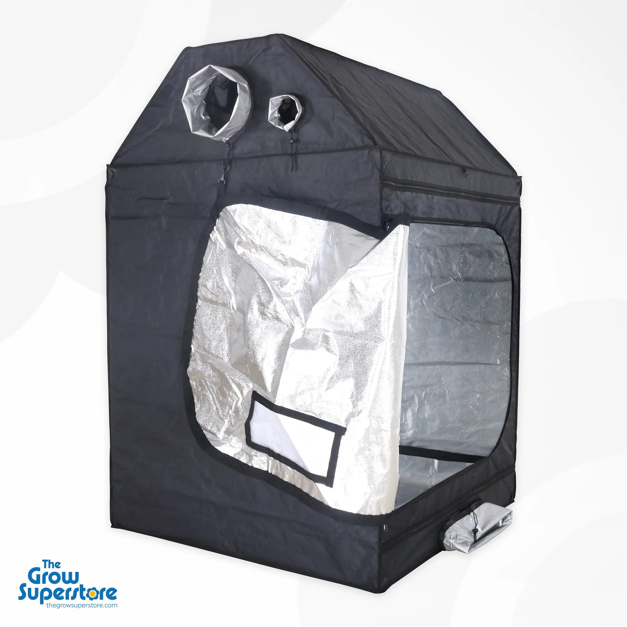 Angled front view of BudBox PRO XL‑R pitched grow tent with silver mylar interior, featuring large access doors and multiple ducting ports – thegrowsuperstore.com