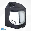 Angled side view of BudBox PRO XL‑R pitched tent interior, unzipped to reveal white lining and ducting port on the base – thegrowsuperstore.com