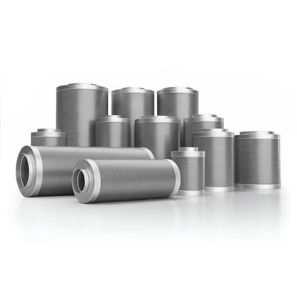 A collection of CarboAir Pro 60 air filters, which are cylindrical in shape, silver in color, and arranged in a visually appealing manner with the CarboAir logo prominently displayed.