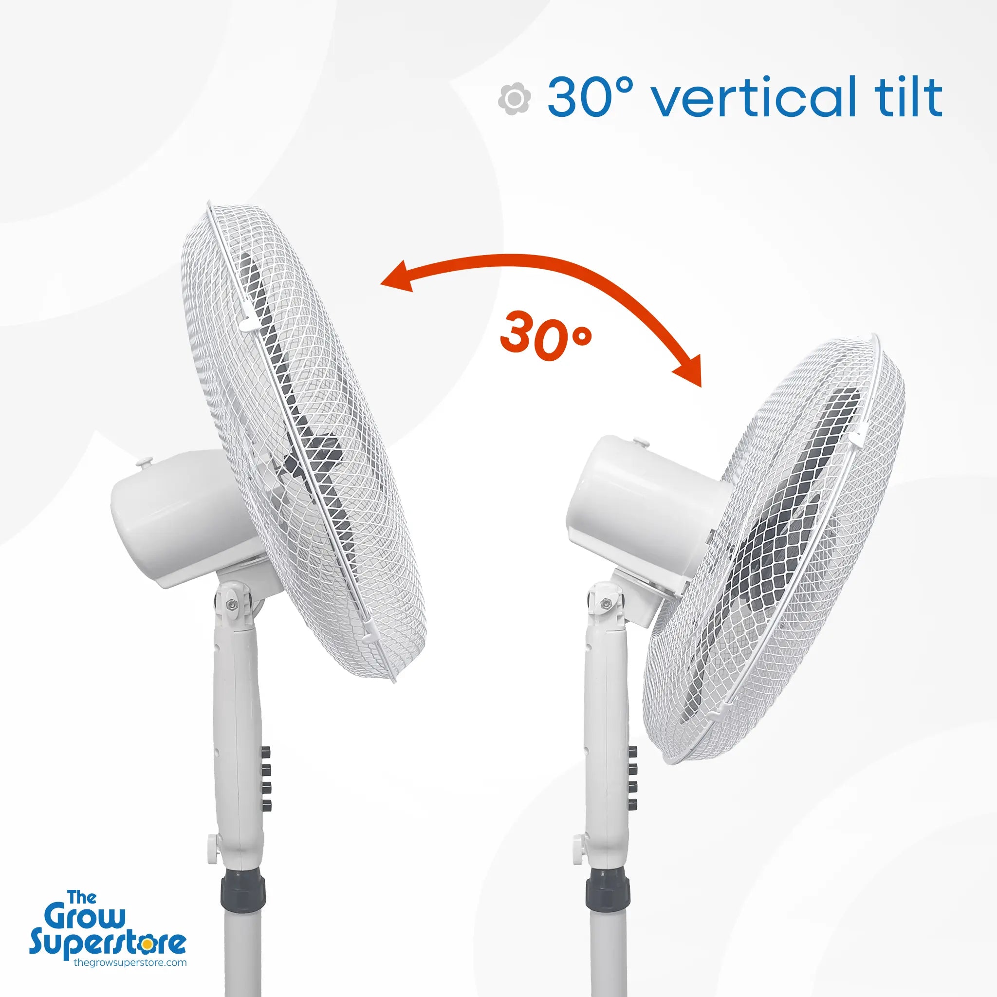 Side profile of Cyclone pedestal fan illustrating 30° vertical tilt adjustment – thegrowsuperstore.com