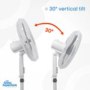 Side profile of Cyclone pedestal fan illustrating 30° vertical tilt adjustment – thegrowsuperstore.com