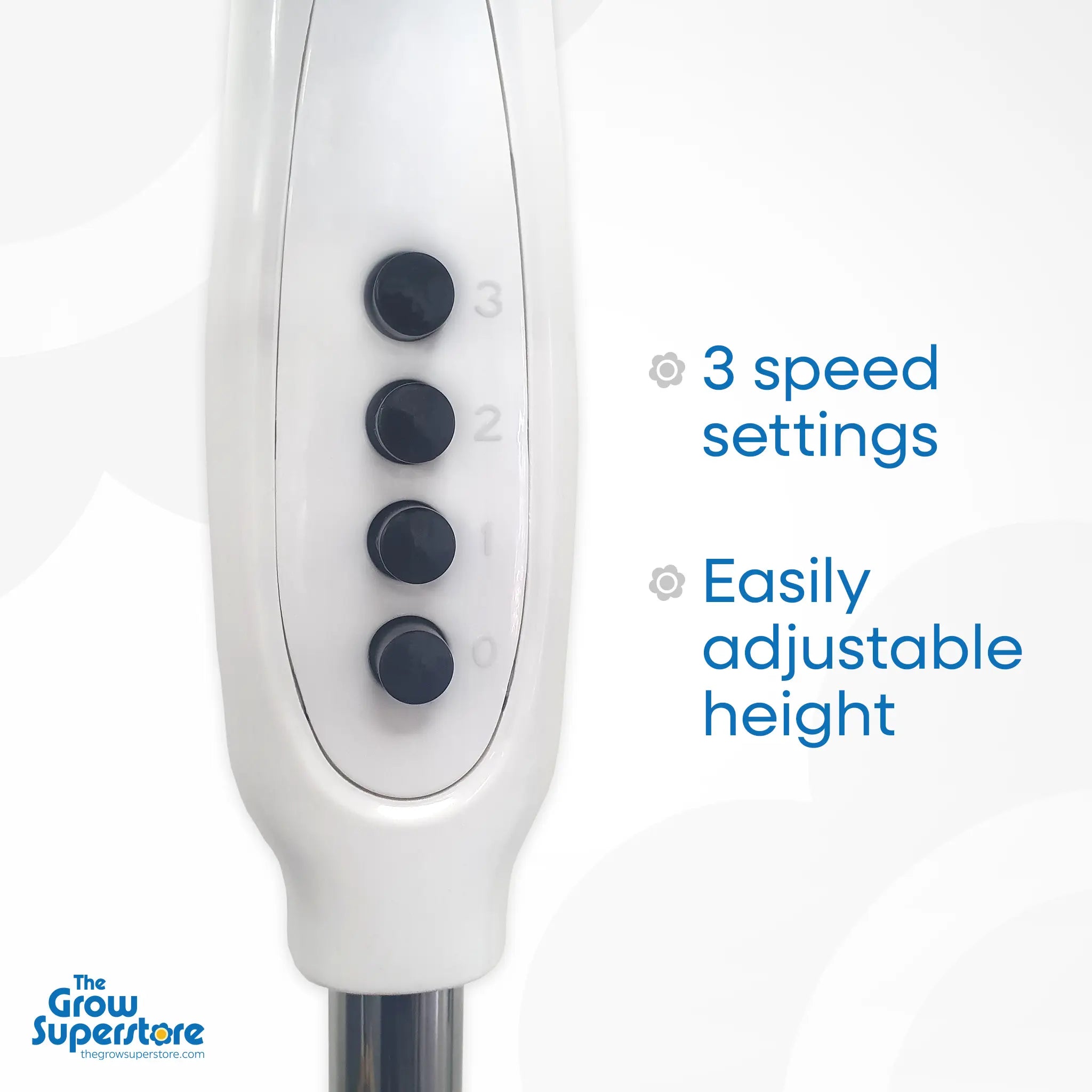 Control panel of Cyclone pedestal fan displaying four buttons for power and three speed settings – thegrowsuperstore.com