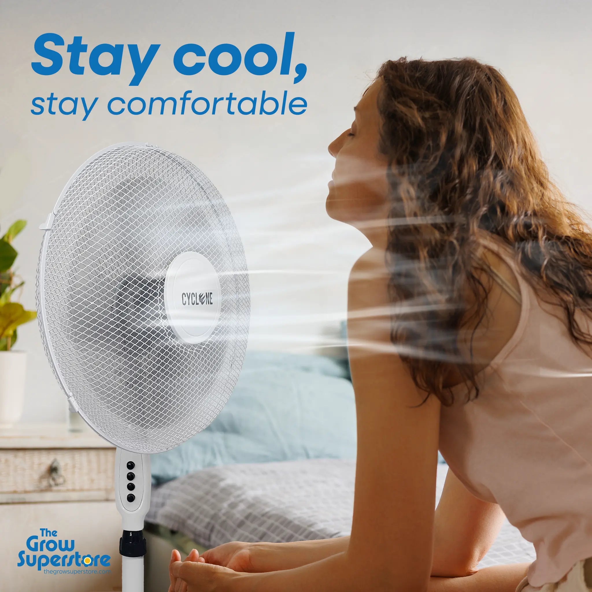 Cyclone 16‑inch pedestal fan in bedroom setting providing gentle airflow to seated person – thegrowsuperstore.com